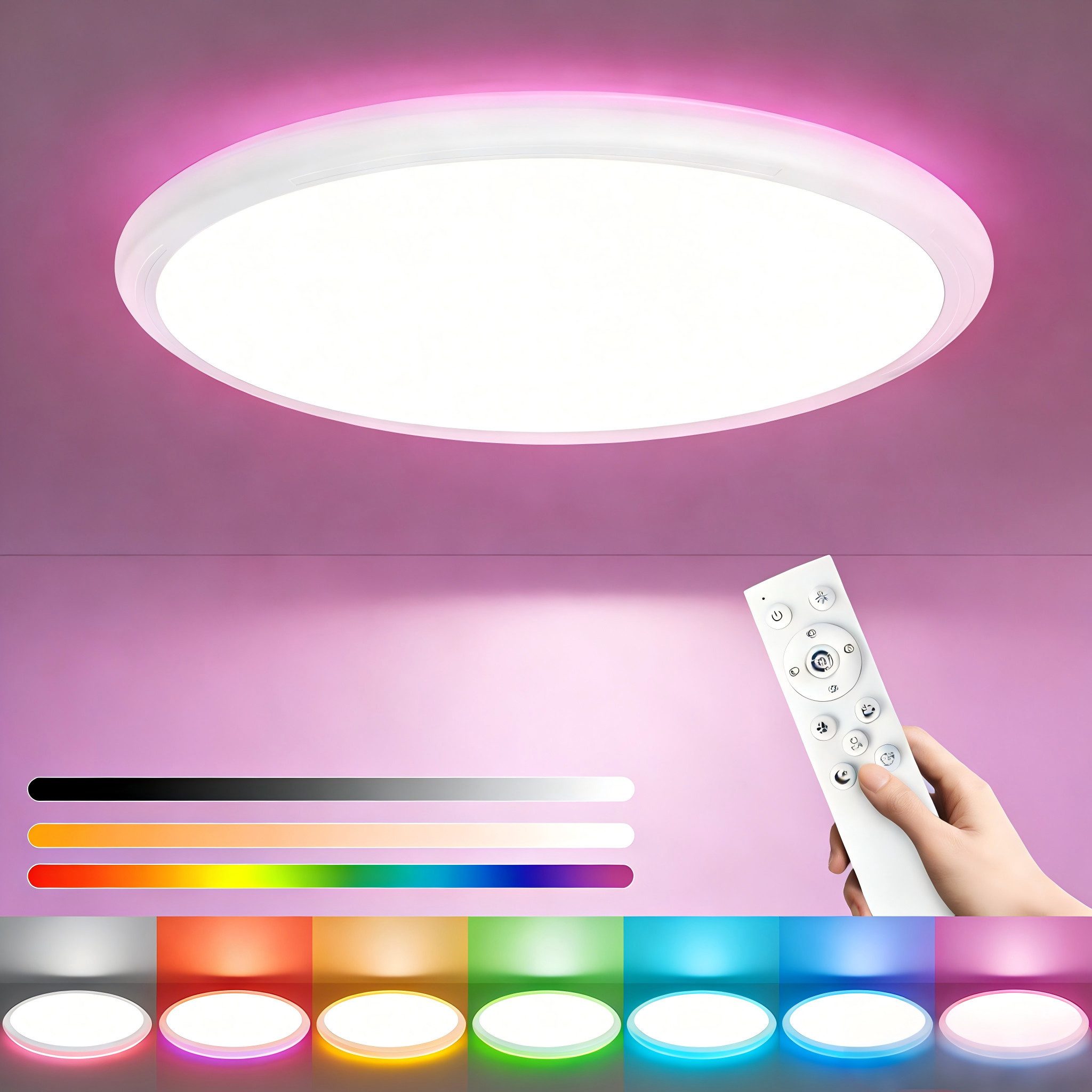 ZMH LED Deckenleuchte Whonzimmer mit RGB Hintergrundlampe Panel Rund/Quadratisch, Augenschutz, LED fest integriert, Tageslichtweiß, für Flur, Küche, Esszimmer, Wohnzimmer