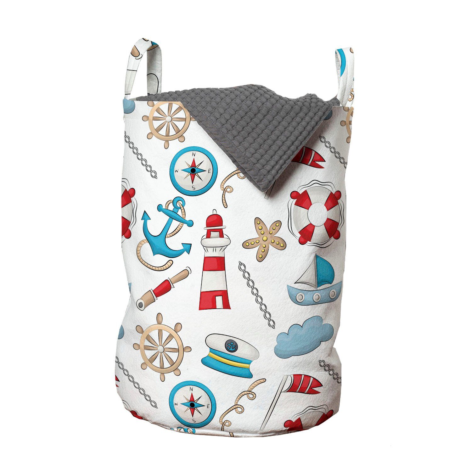 Abakuhaus Wäschesäckchen Wäschekorb mit Griffen Kordelzugverschluss für Waschsalons, Nautisch Marine Objekte Nursery