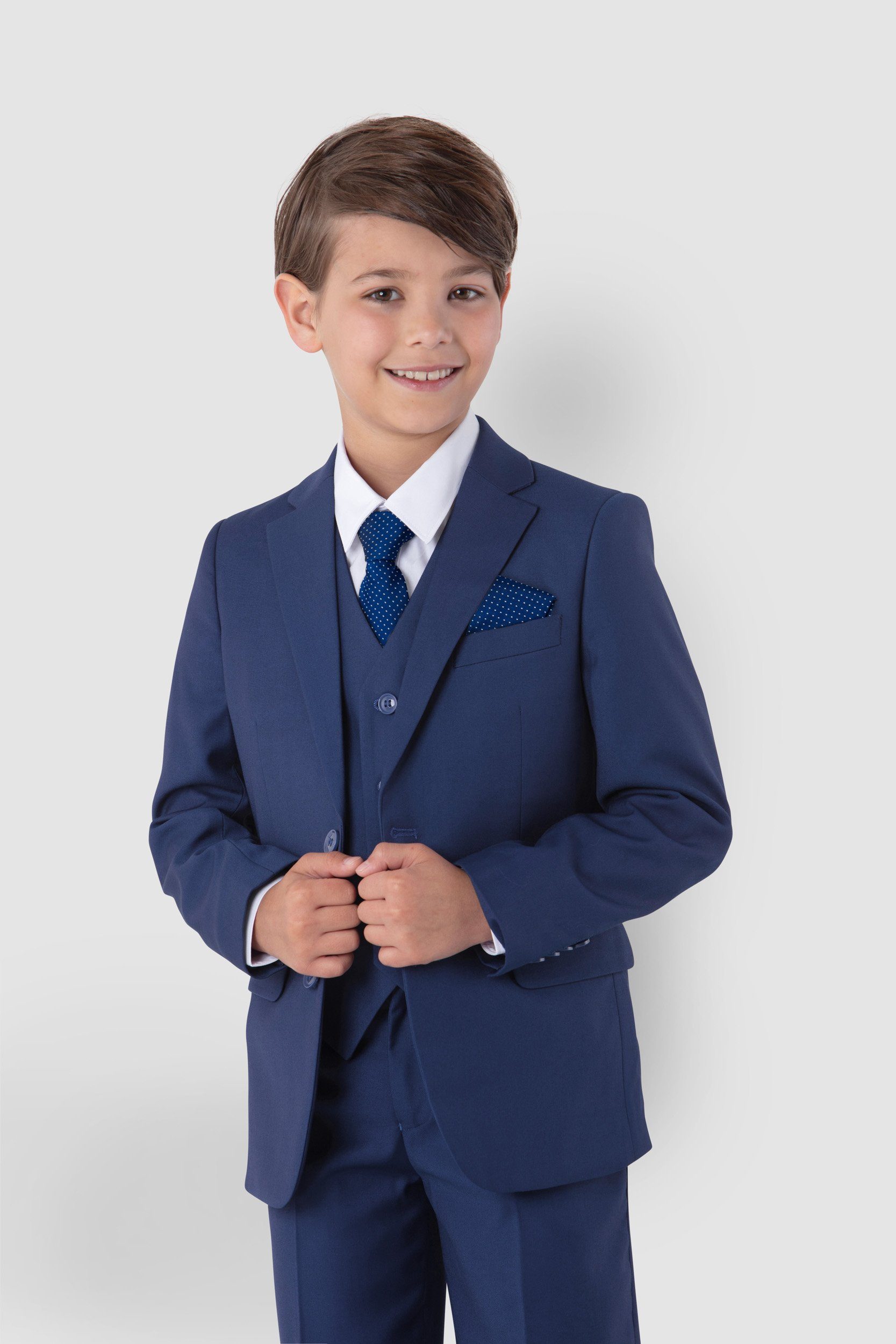 Melli-Trends Kinderanzug Jungenanzug, Kommunionanzug, Kinderanzug blau (Sakko, Weste, Hemd, Hose, Krawatte und Einstecktuch, 6-teilig) festlich, elegant