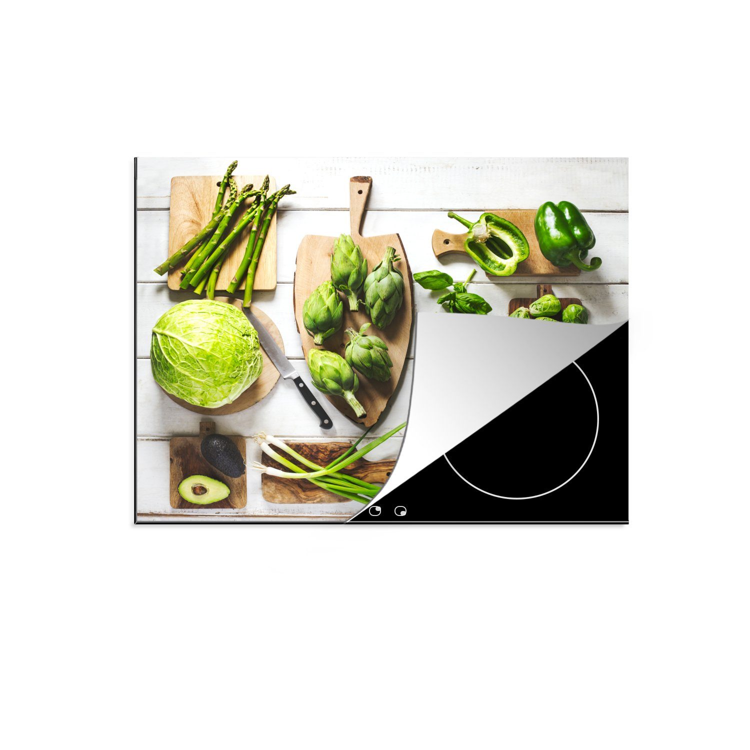 Schneidebrett, Vinyl, Arbeitsfläche MuchoWow einem Mobile Gemüse auf Herdblende-/Abdeckplatte 60x52 (1 cm, tlg), Ceranfeldabdeckung Grünes nutzbar,