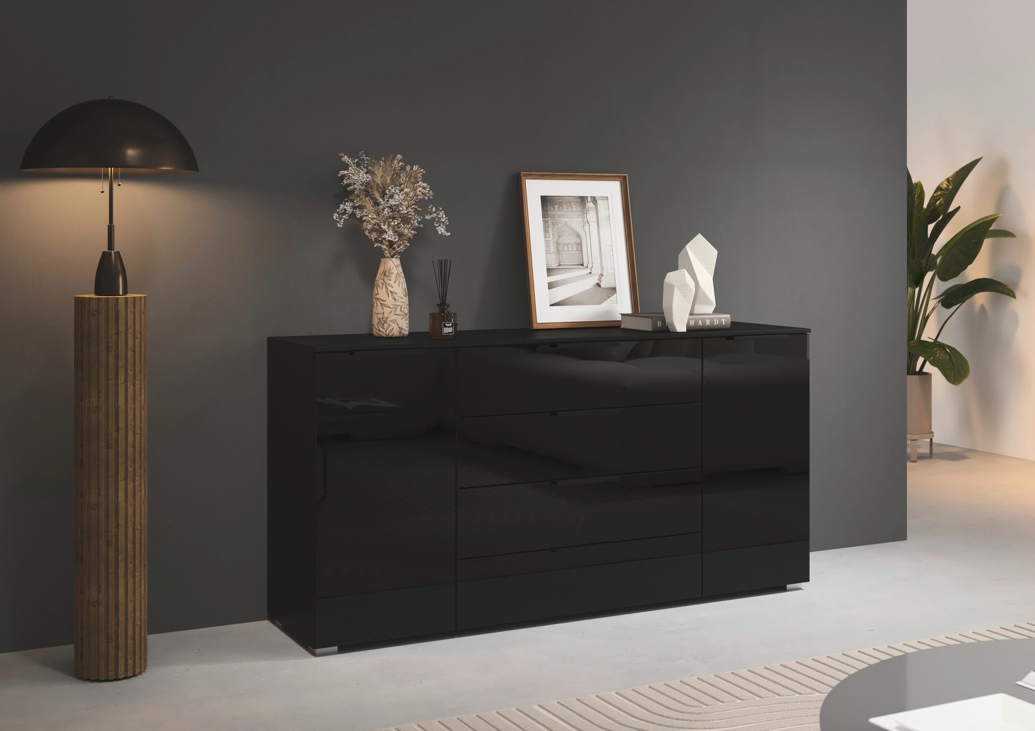 rauch Kombikommode Sideboard Schubkommode Kommode MONTCLAR Front Dekor/Hochglanz/Glas (Breite 160 / Höhe 81 cm, 2 Einlegeböden, inkl. Soft-Close-Funktion), 2-türig, 4 geräumige Schubladen, viele Griffvarianten MADE IN GERMANY