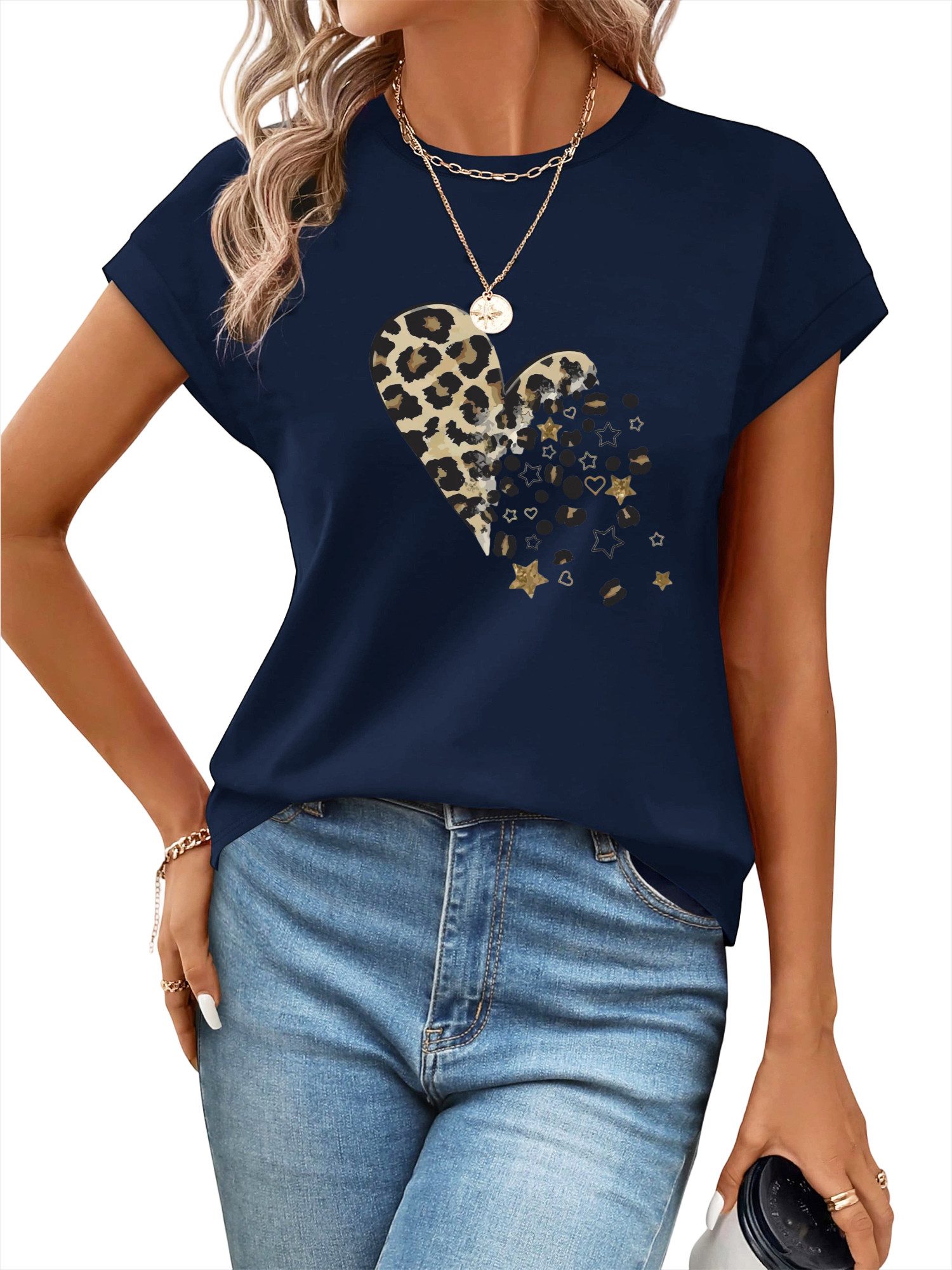 PYLIKE Kurzarmbluse Damen bequemes Sommer Kurzarm Carmenshirt Locker Liebe Print Modische Outfits Business Strand Urlaub Blusen Kleidung