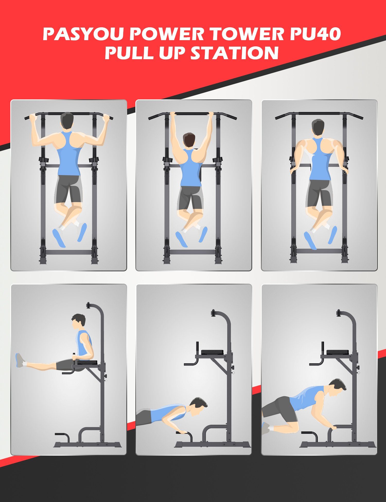 PASYOU Klimmzugstange PU40 (Freistehend Power Tower, 6 in 1 Verstellbar Kraftturm Dip Station), Multifunktionale Pull Up station, Maximale Belastung 300kg