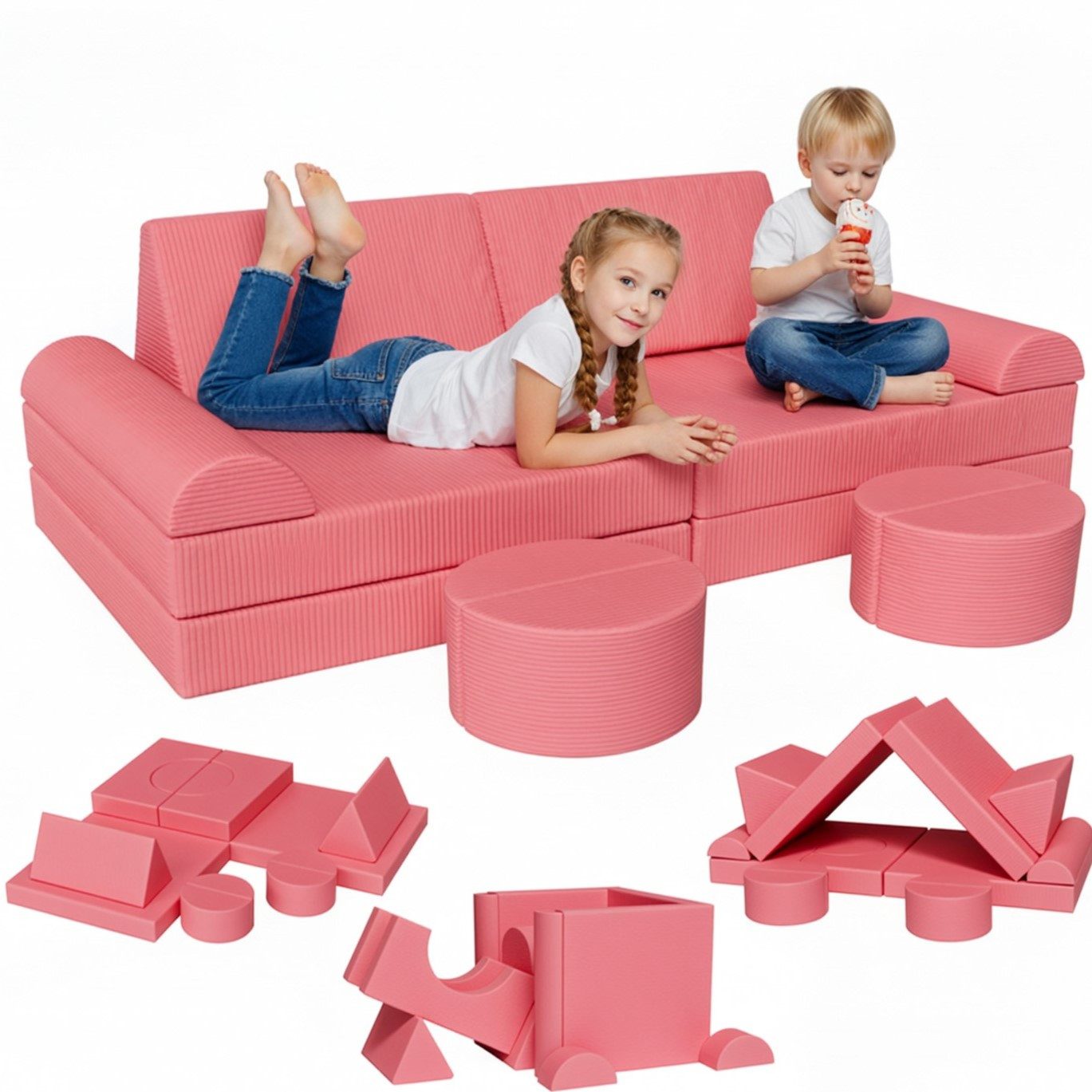 TLGREEN Kindersofa Modulares Kinder Spielsofa 15-teilig, Kreatives Bauset zum Bauen von Autos, Raketen & Burgen, Spielzeug-Geschenk für Jungen und Mädchen