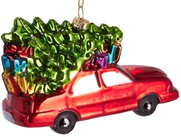 BRUBAKER Christbaumschmuck Kunstvolle Baumkugel Auto mit Weihnachtsbaum, mundgeblasene Weihnachtsdekoration aus Glas, handbemalt - Lustige Weihnachtskugel ca. 12 cm