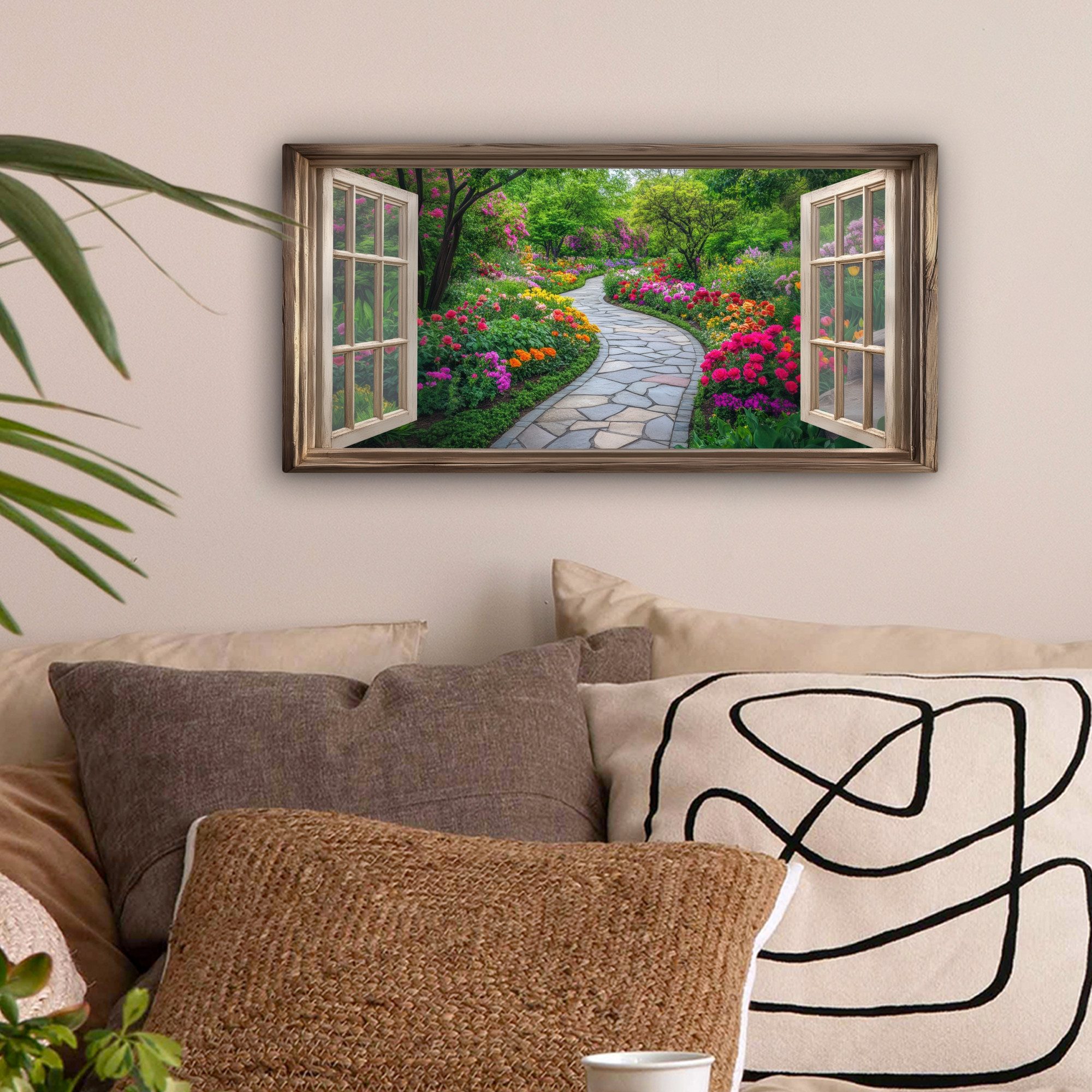 OneMillionCanvasses® Leinwandbild Panorama Aussicht - Blumen - Gartenweg - günstig online kaufen