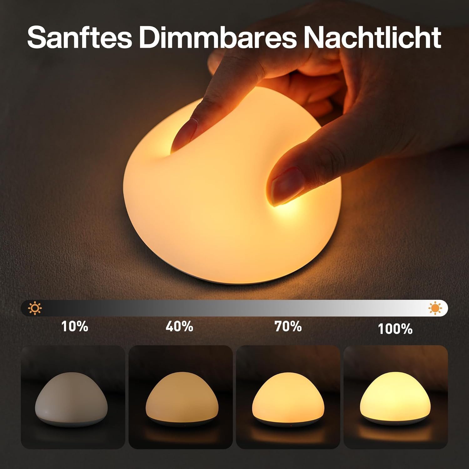 Jolywell LED Nachtlicht JW-CL003, LED fest integriert, Dimmbar, RGB-Farbwechsel, Touch-Steuerung, USB-C wiederaufladbar