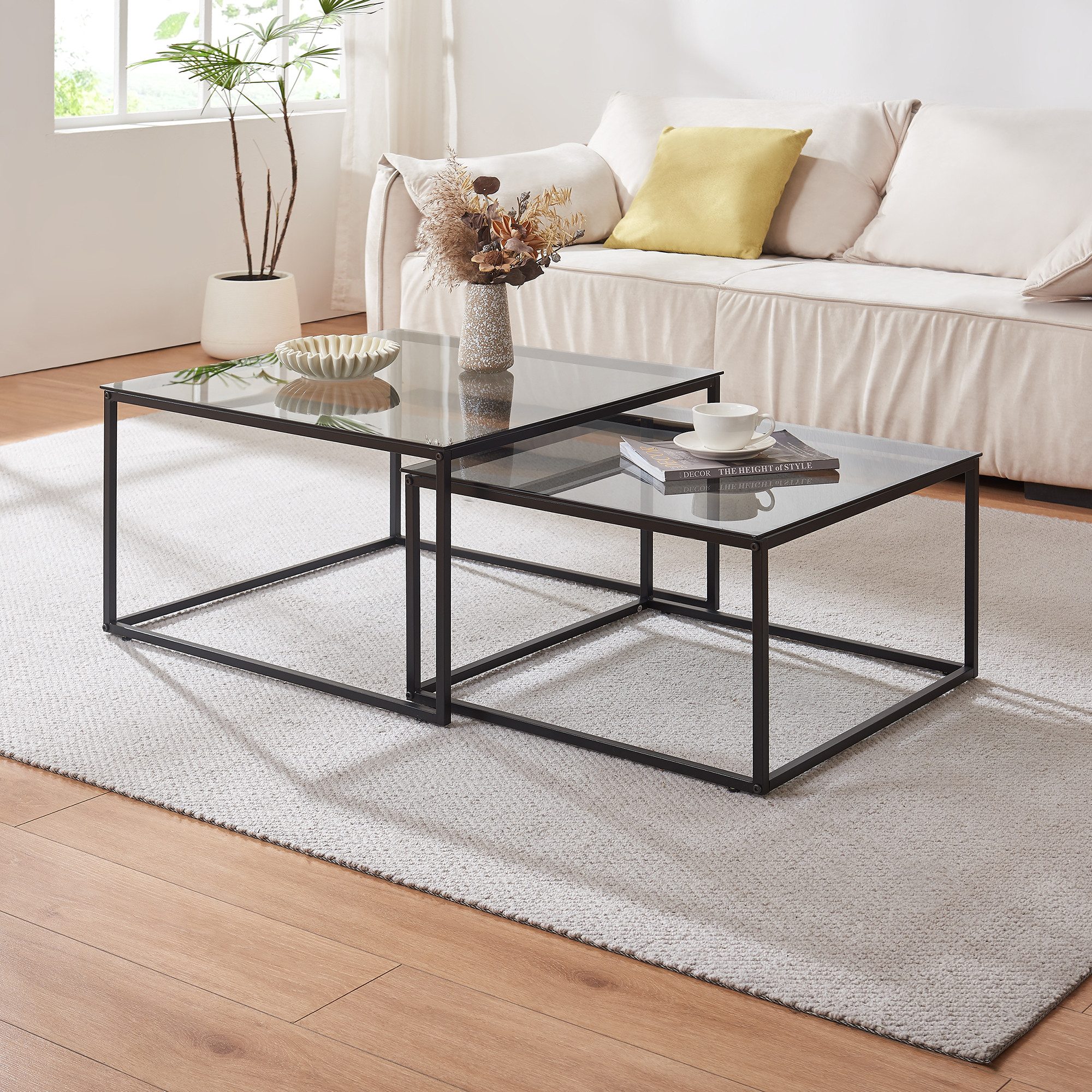 en.casa Satztisch (2-St), »Tromlaslo« Metallgestell quadratisch Rauchglas, grau