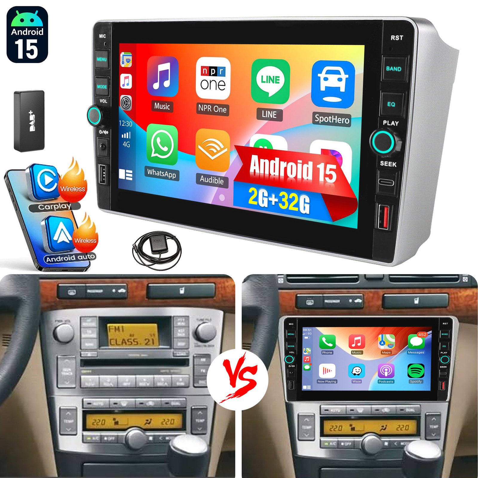 ESSGOO 8"Autoradio Für Toyota Avensis T25 2002-2008 Android15 Carplay GPS RDS Autoradio (RDS, Digitalradio (DAB), FM, USB- und Type-C, DAB+ (optional), Apple Carplay Android Auto GPS Navi WIFI BT EQ mit USB- und Type-C)