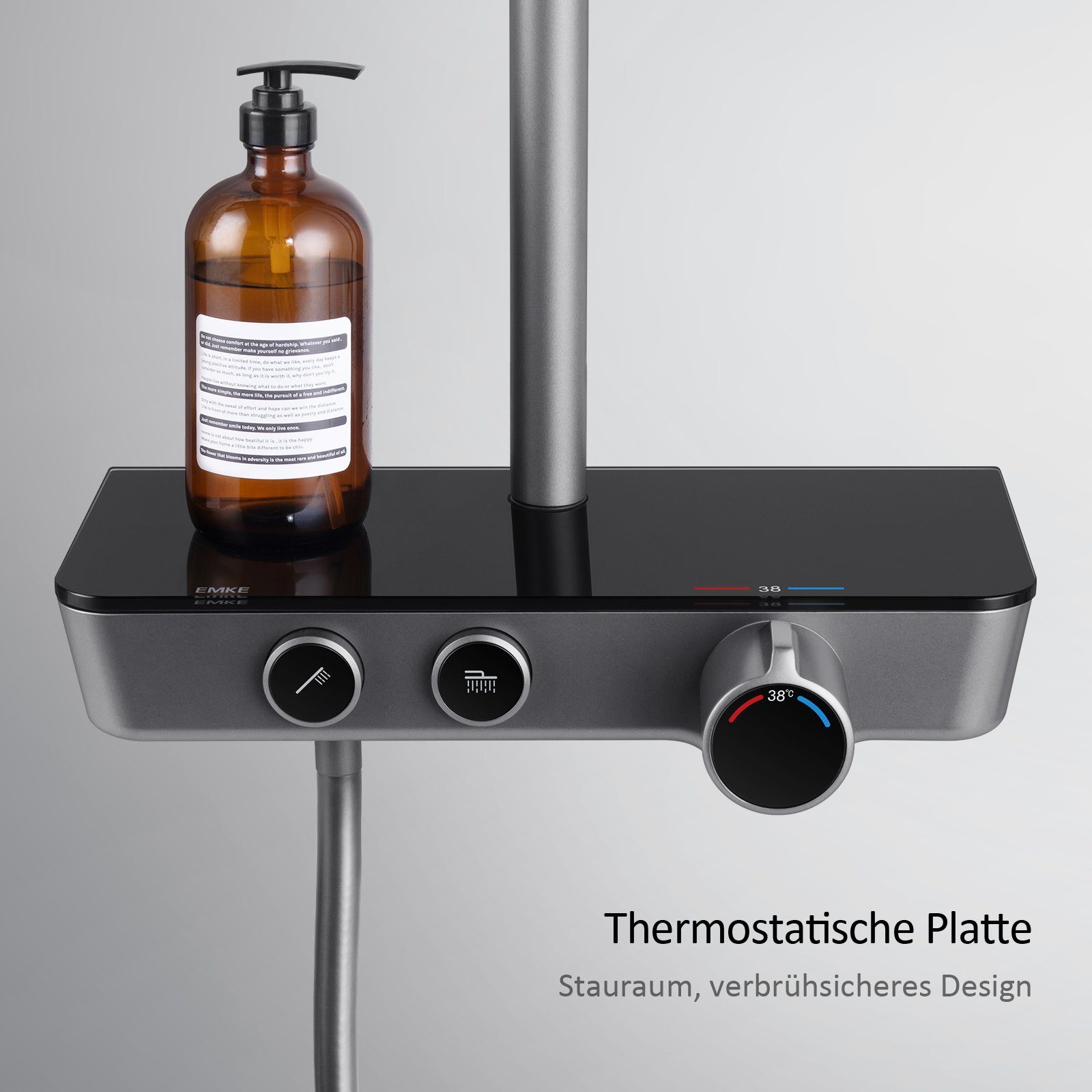 EMKE Duschsystem mit Thermostat 38℃ eckig Regenduschset und Kopfbrause Duschset, 3 Strahlart(en), Duschamaturenset mit quadratischemDuschkopf, Duschsäule aus Edelstah