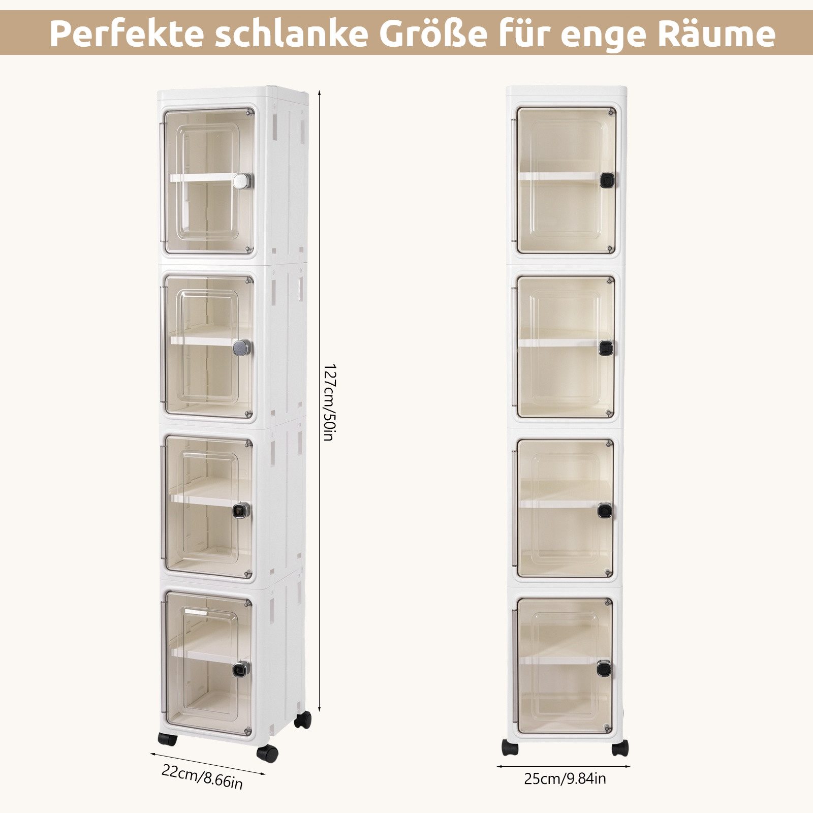 BlingBin Aufbewahrungsbox Stapelbox mit Tür und Rollen, 4‑2 Ebenen schmaler Badezimmerschrank (4er Set, 4 St., 22B x 25T x 127H cm), 22 x 25 x 127 cm, Organizer – Bild 2 von 5