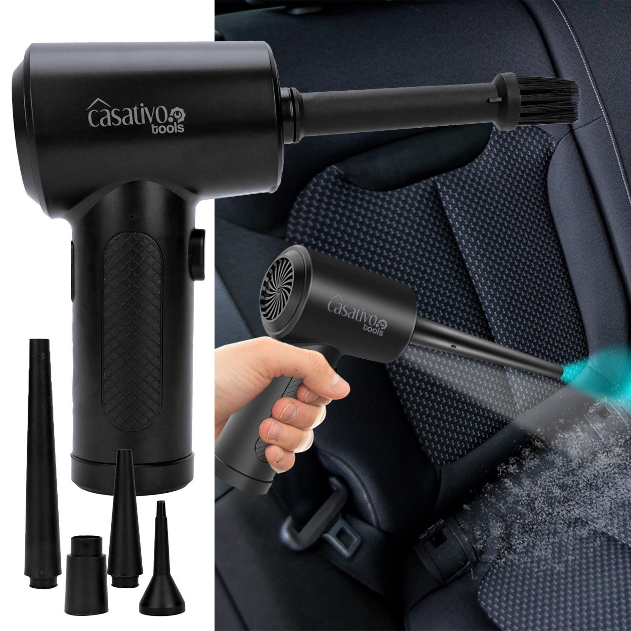 Casativo Akku-Gebläse Akku-Druckluftgebläse7kPa Staubgebläse Reiniger Luftpumpe 5 Düsen, (1er-Set), kabellos, USB-Laden, 3Stufen, 4 Adapter, 30 Min. Laufzeit, max. 90 dB