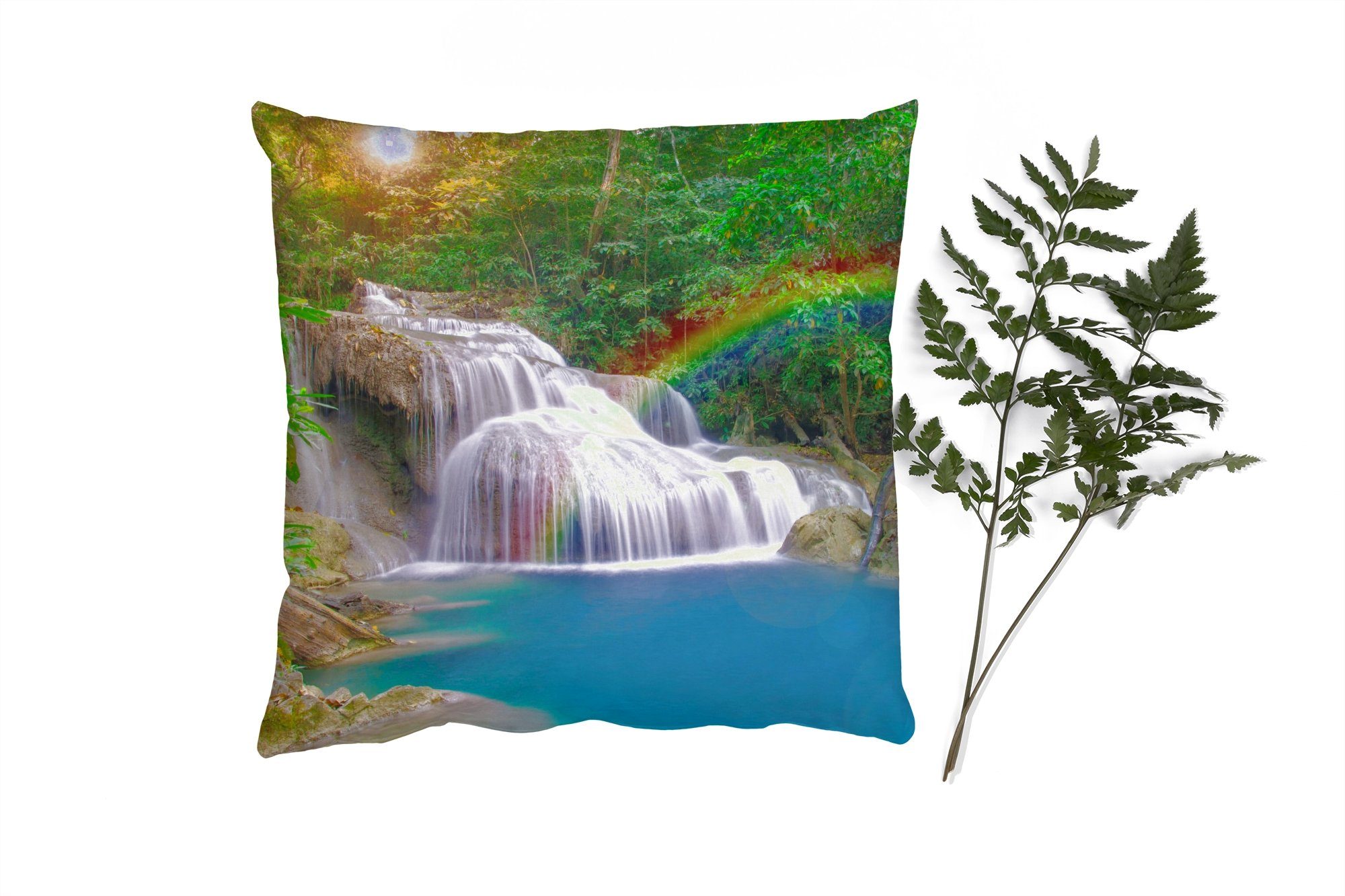 MuchoWow Dekokissen Regenbogen - Sonne - Wasserfall - Natur, Zierkissen mit Füllung für Wohzimmer, Schlafzimmer, Deko, Sofakissen