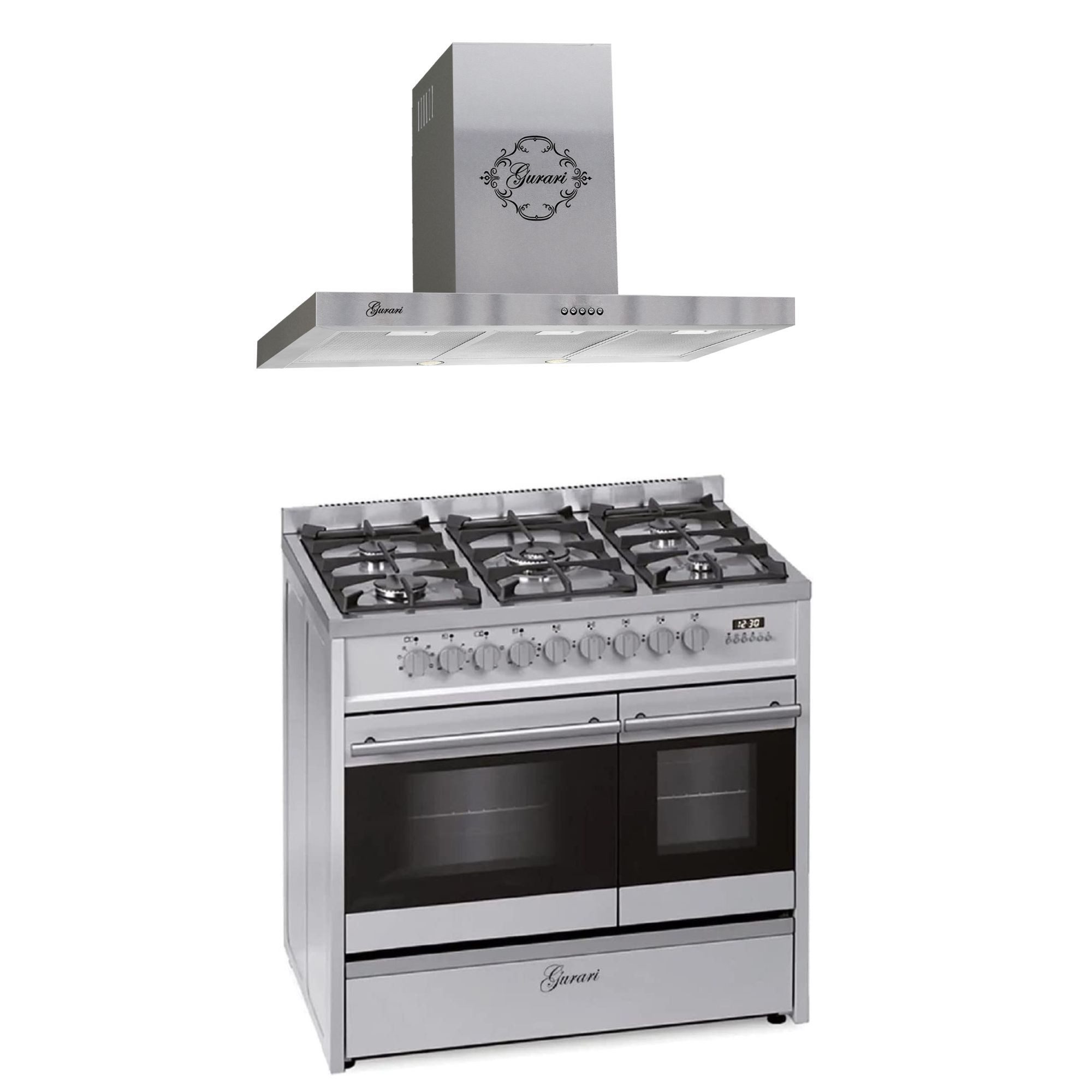 GURARI Gas-Standherd Gas Elektro Standherd 90 cm/ Range Coocker+Dunstabzugshaube 90 cm GCH E 916 X+GCH 461 IS 9., mit 1-fach-Teleskopauszug