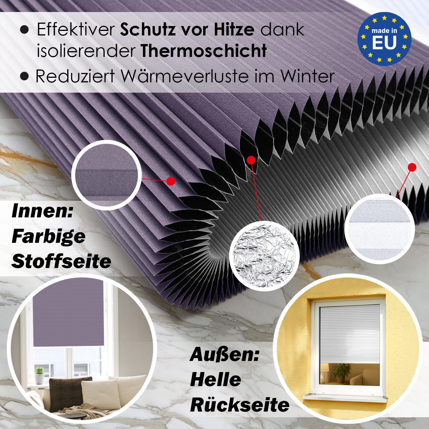 DomDeco Wabenplissee Thermo Plissee ohne Bohren - Hitzeschutz, Verdunkelung, verspannt, abdunkelnd, Klemmfix, stufenlos, kälteschutz, modernes Fensterplissee
