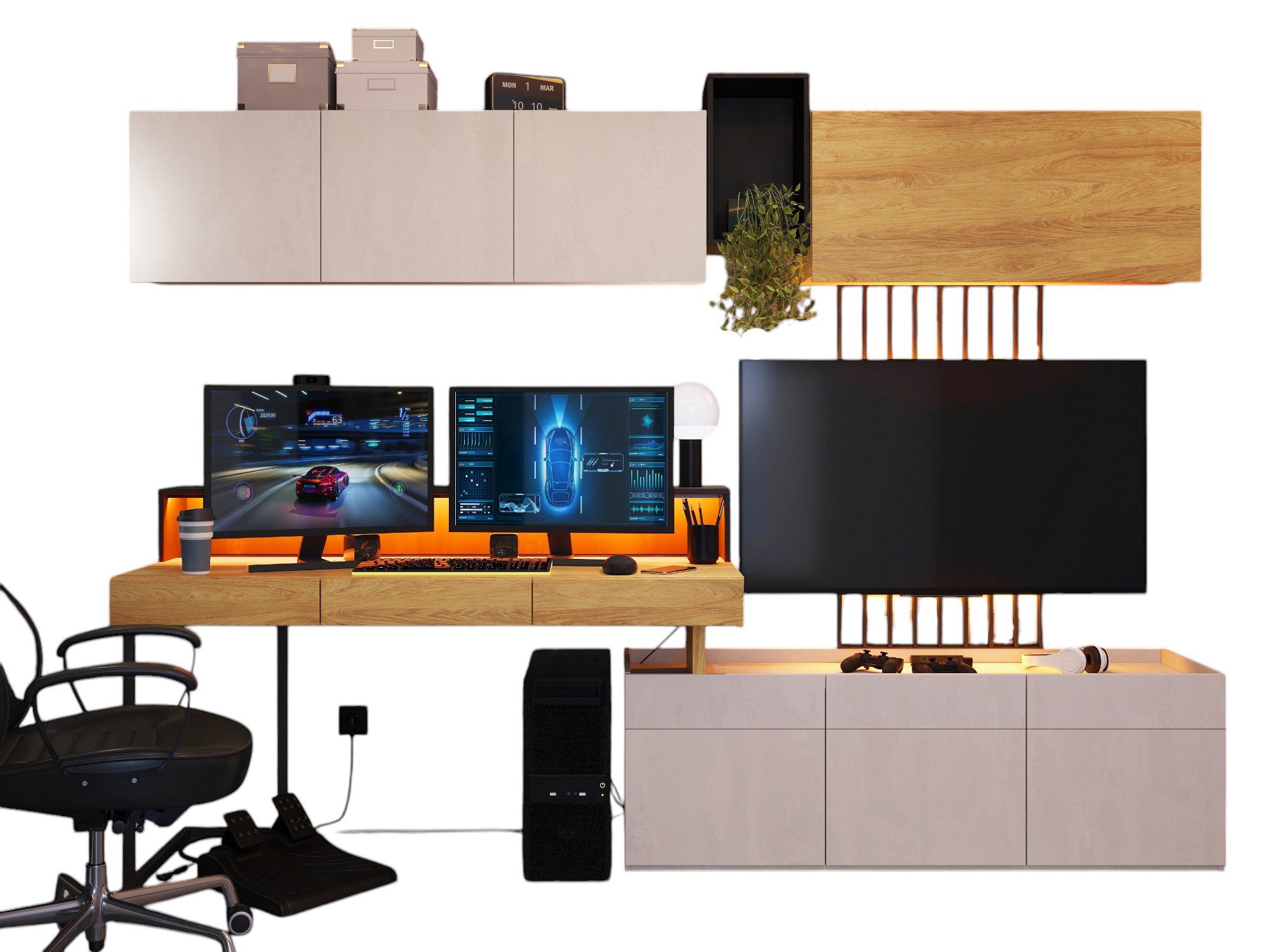 Compleo Jugendzimmer-Set mit LED-Beleuchtung, Designer-7-set, TEEN FLEX, (Schreibtisch,Aufsatz, Hängeschrank, Kommode)