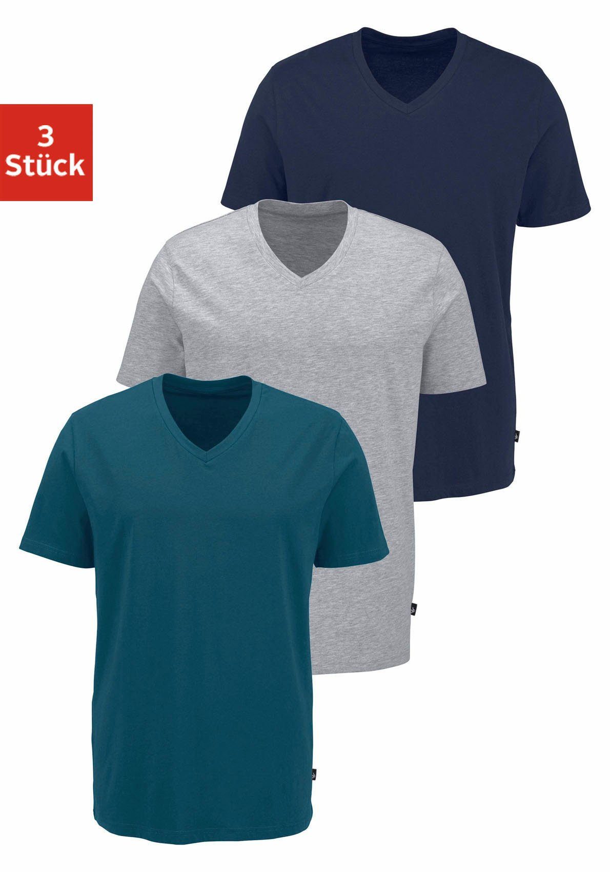 3er-Pack) Passform, Baumwolle grau-meliert navy, T-Shirt (3-tlg., Bruno elastischer aus petrol, Banani mit perfekte V-Ausschnitt,
