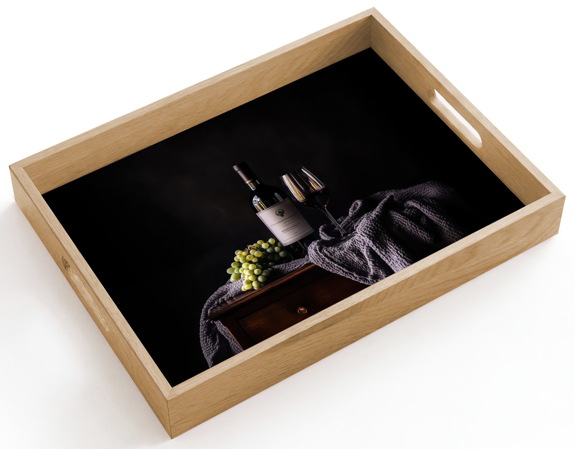 OnlyWow Tablett Rechteckig mit Henkel Trauben - Wein - Rot - Tafel, Eichenholz, (1-tlg), Siervierplatte, Tray, Frühstücksbrett