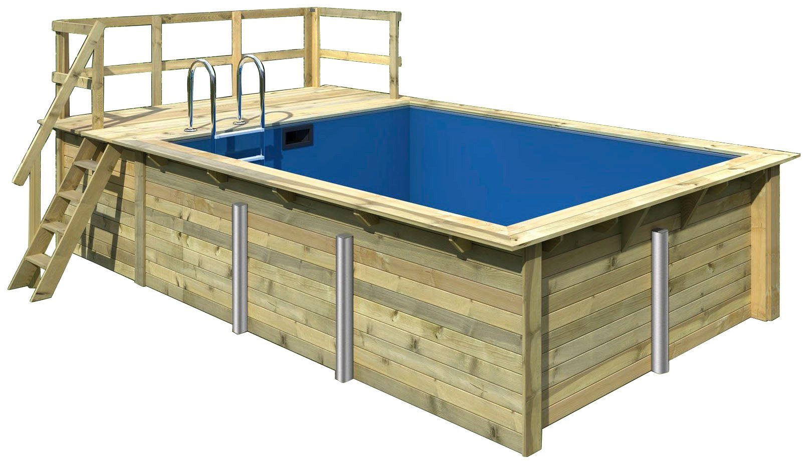 Karibu Rechteckpool Holzpool Roma A BxLxH: 353x400x124 cm mit Sonnendeck (Set), 44 mm starke kesseldruckimprägnierte Holzbohlen aus Fichtenholz