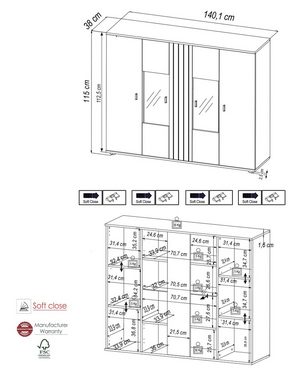 möbelando Highboard SOLEA 081 Highboard (BxHxT: 140,1x115x38 cm), in Schwarz/Dekor Lamellen Artisan Eiche mit 4 Türen und 10 Fächern