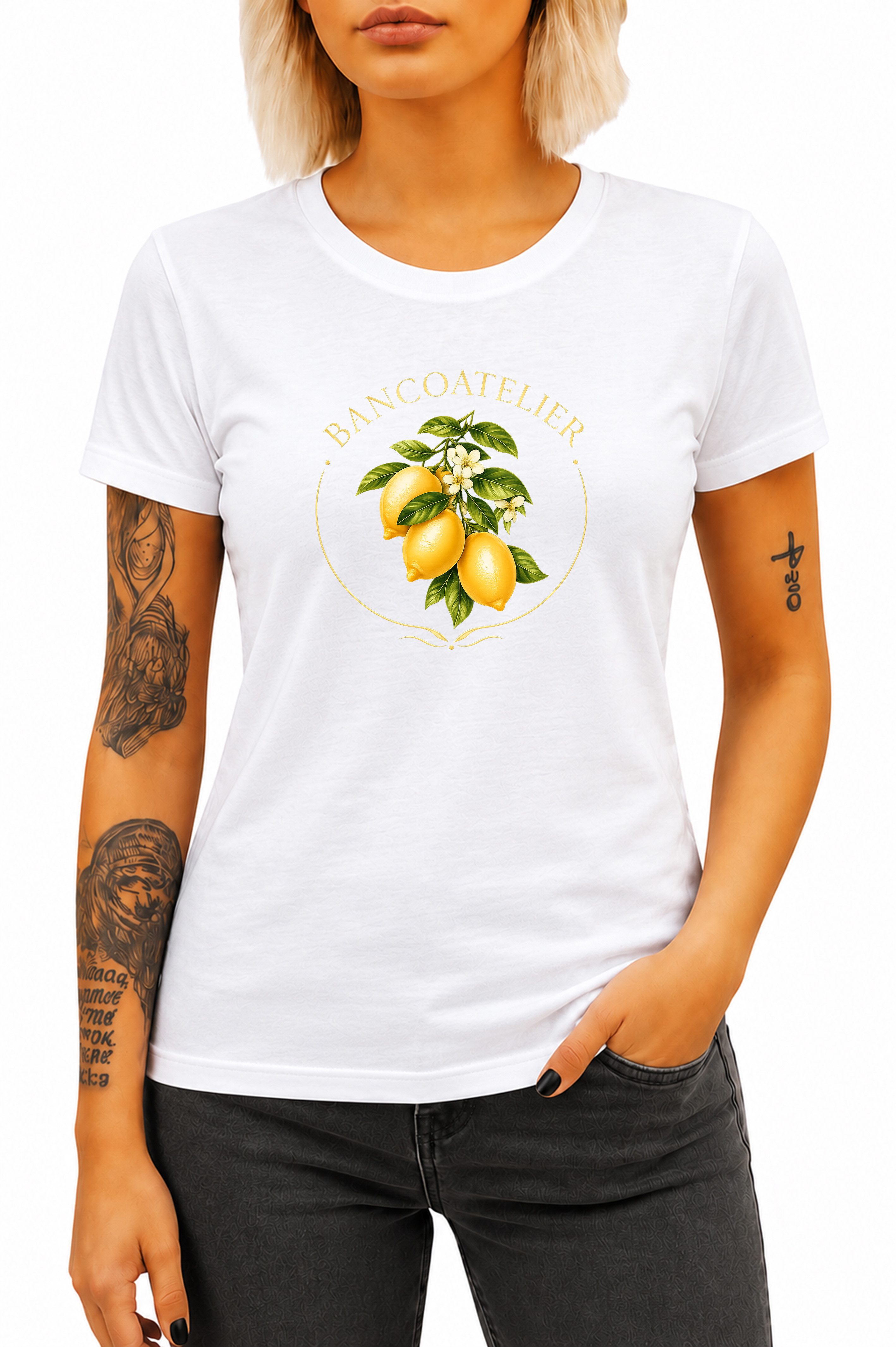 Banco T-Shirt Damen Shirt Classic Top Sommer Basic Rundhals "Bancoatelier Zitrone" aus 100% Baumwolle