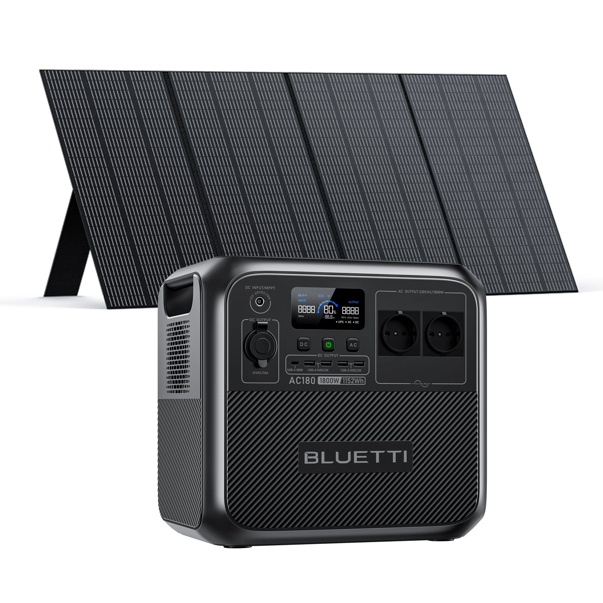 BLUETTI Генератори AC180 1800W/1152Wh Tragbarer Power Generator mit Solarpanel, (packung, Mobile Stromgenerator mit LiFePO4 Batterie), 2.700 W Powerlifting-Modus