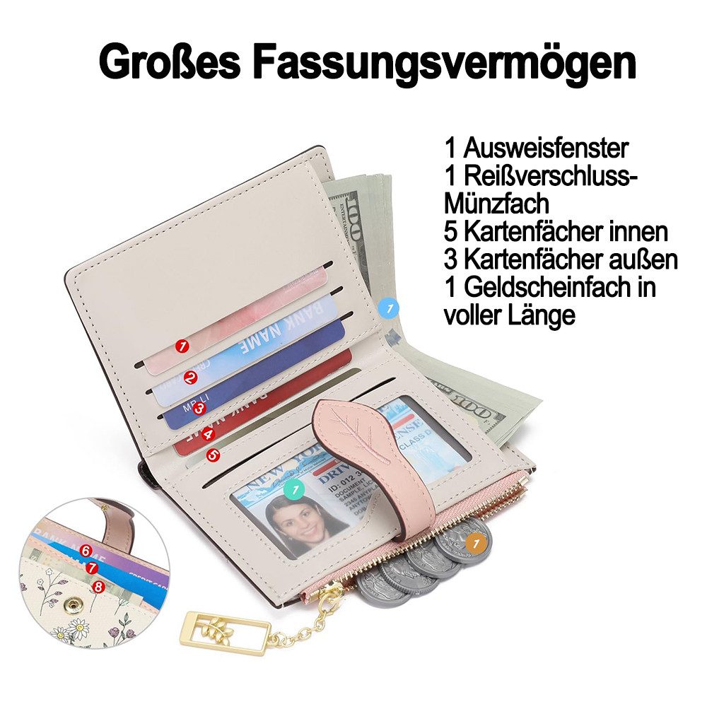 Zaewry Geldbörse Kleine Damen Geldbörse,modisch, niedlicher Margeriten-Aufdruck, Leder, Bifold, kompakt, RFID-geschützt, mit Reißverschlusstasche – Bild 5 von 5