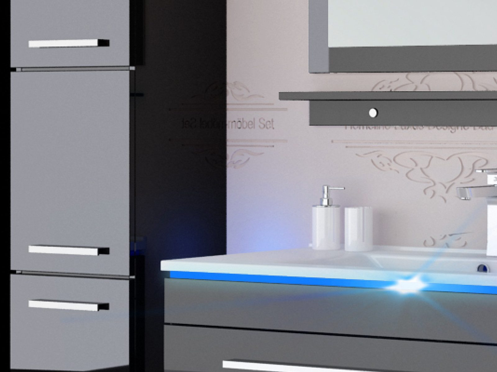 Homeline Badmöbel-Set Badmöbel Set Weiß Hochglanz lackiert LED System tauschsystem, (Komplette Set ohne wasch dich Armatur und Ablaufgarnitur, 6-St., Set Angebo – Bild 5 von 5