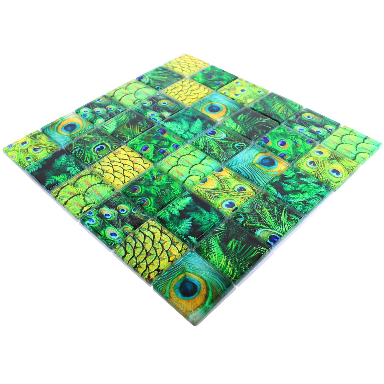 Mosafil Mosaikfliesen Glasmosaik Fliesen Peafowl, Glas 29.800x29.800, grün, Verlegefertig auf ein Netz geklebt - Wasserfest