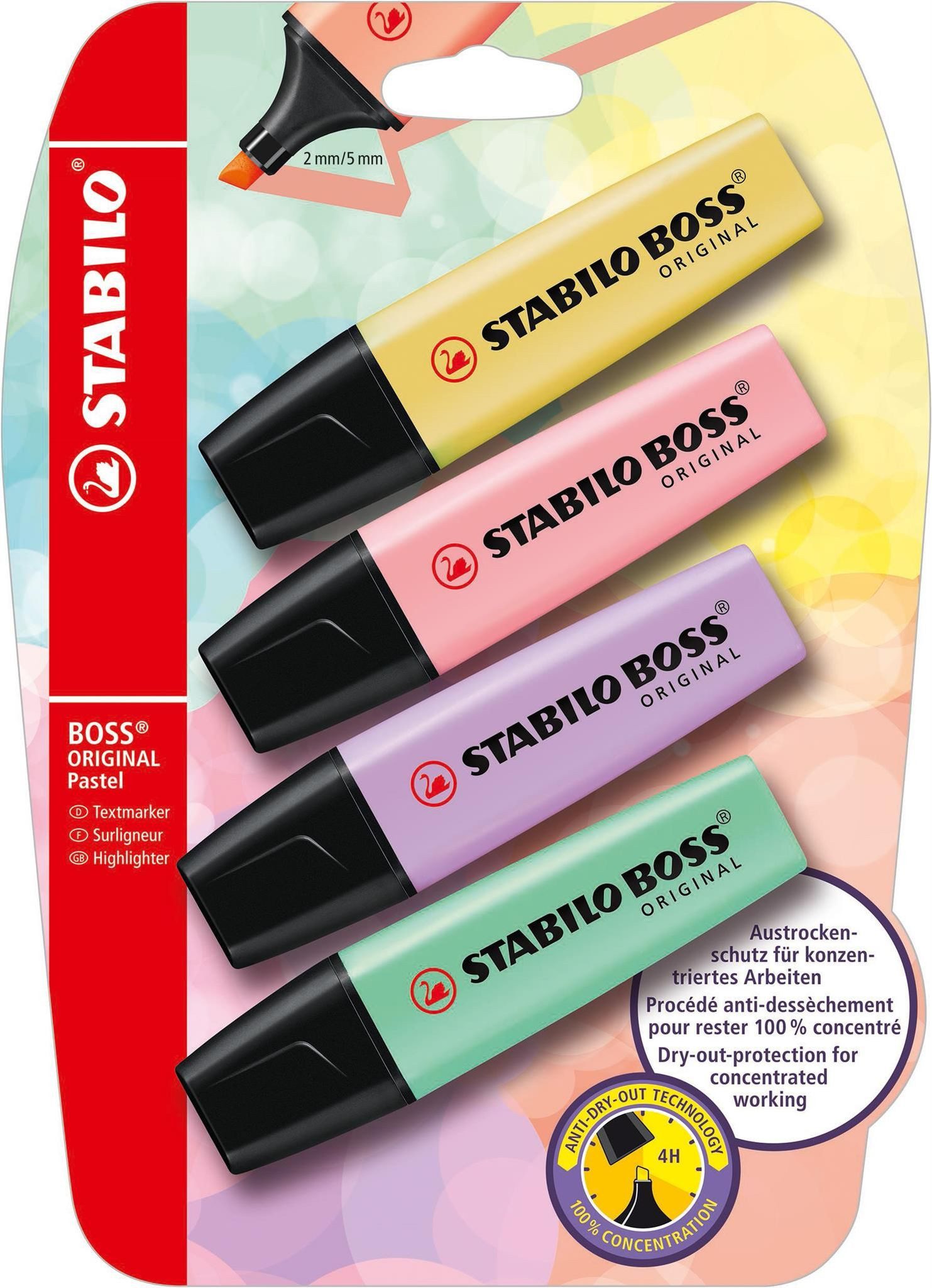 STABILO Marker STABILO BOSS ORIGINAL Pastel 4er Blister pudriges Gelb rosiges Rouge