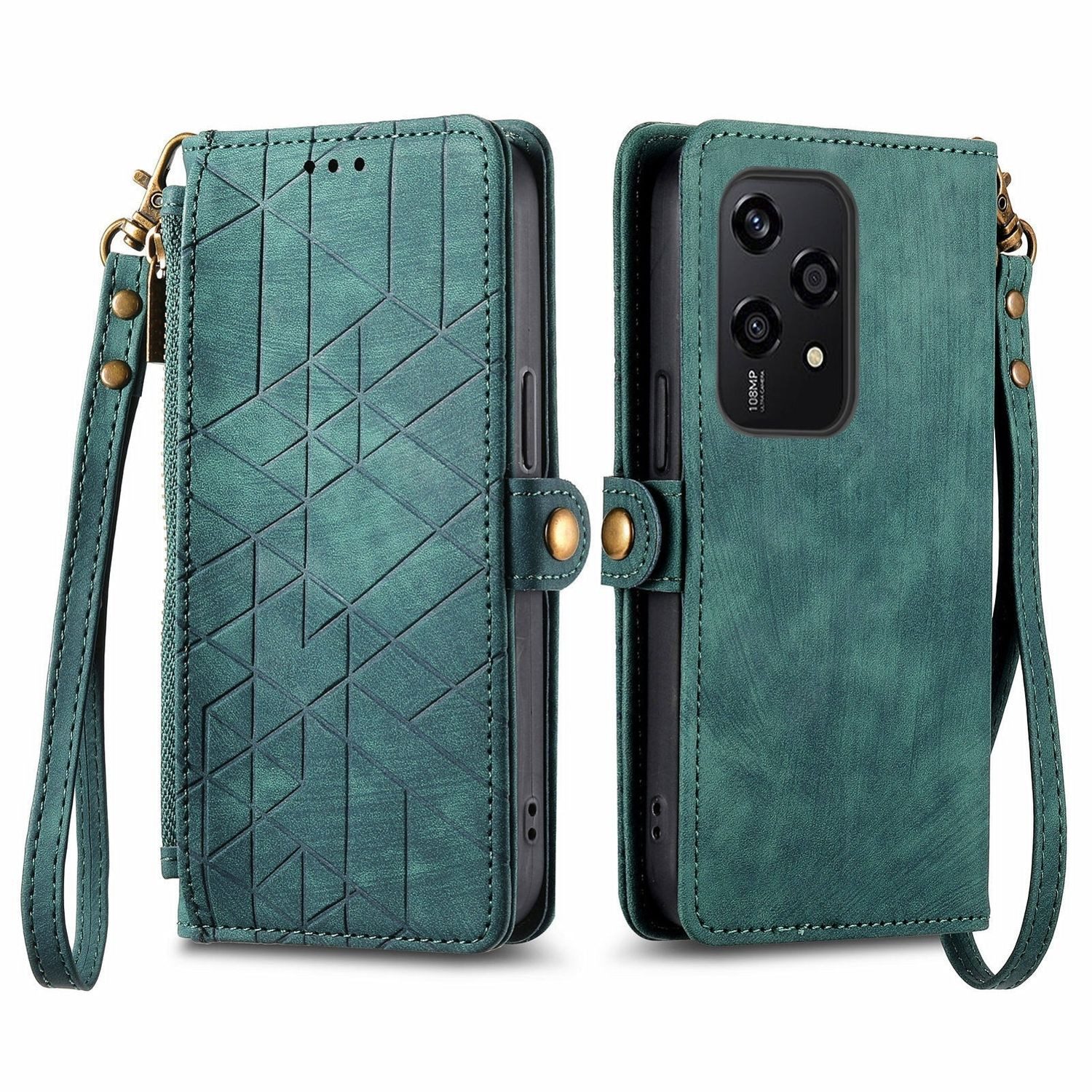 Wigento Handyhülle Für Honor 200 Lite Kunstleder Zipper Wallet Tasche mit Schlaufe Grün, Kunst-Leder Schutzhülle Smart Case Cover Zipper mit Schlaufe