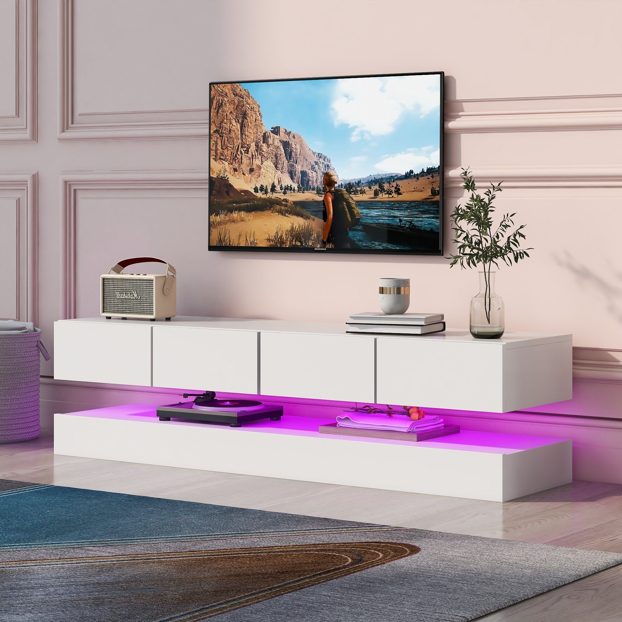Sweiko Lowboard (wandmontierter TV-Lowboard mit offenem Fach und 4  Schubladen, TV-Schrank mit 16-farbiger LED-Beleuchtung und Fernbedienung),  weiß, 130*33*15cm