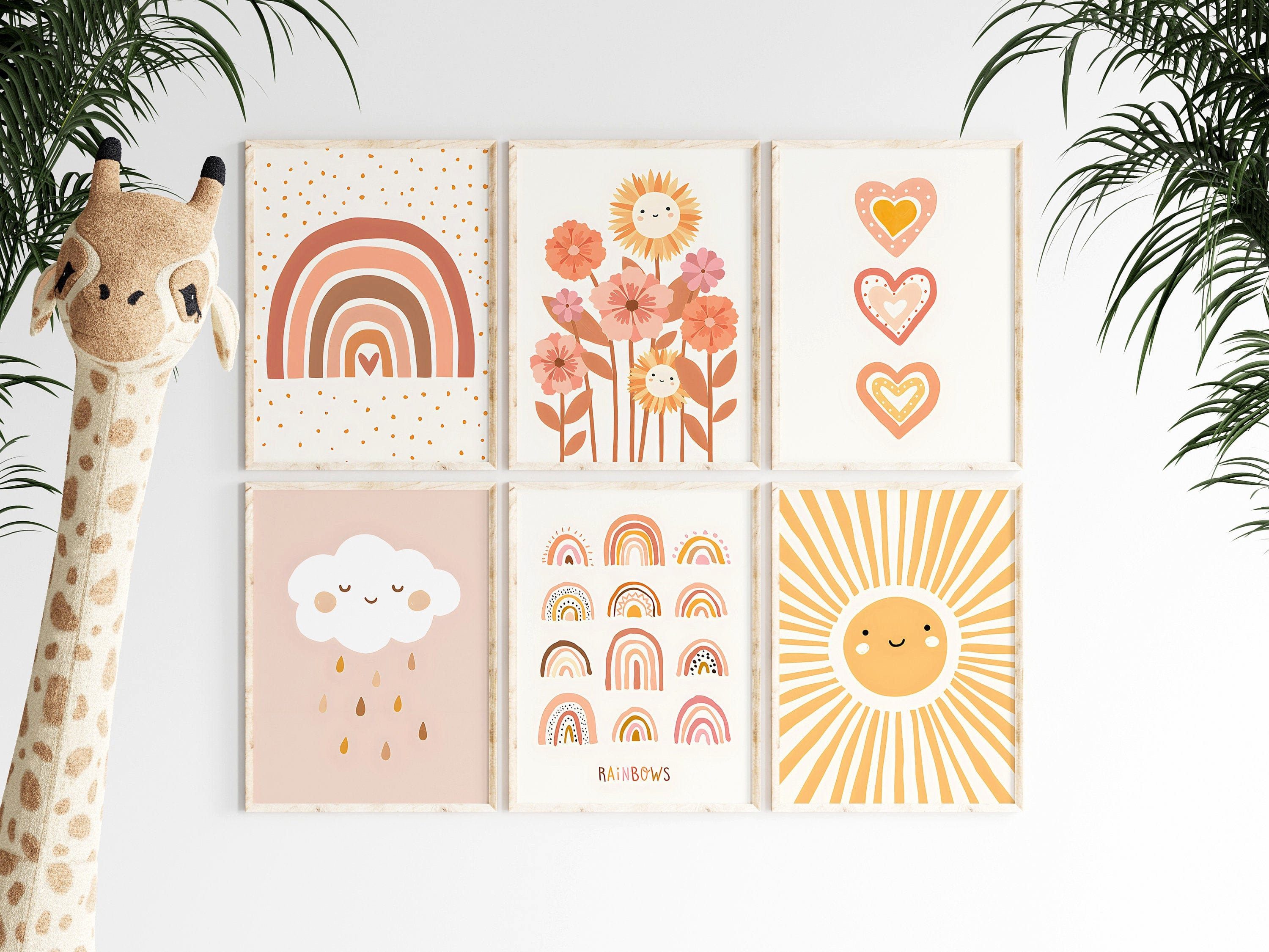 JUSTGOODMOOD Poster Kinderzimmer Sonnenstrahlen Regenbogen Herzen Blumen Kinderzimmer Bild, Regenbogen (1 St)