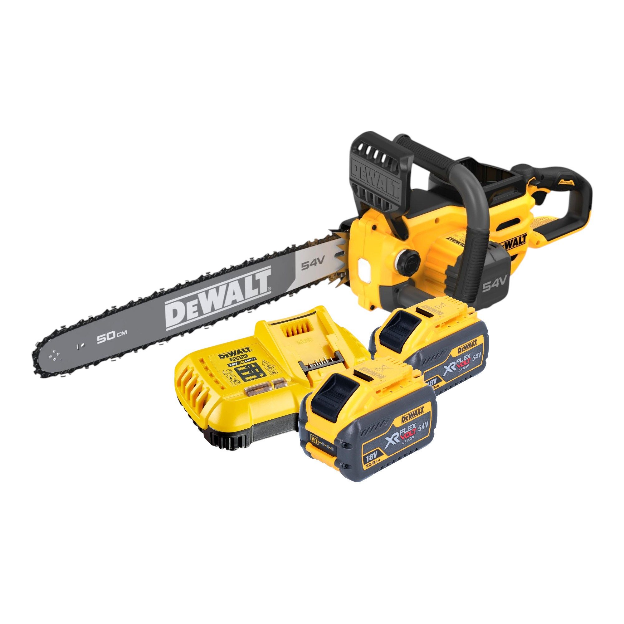 DeWalt Benzin-Kettensäge DCMCS 575 Y2 54 V FlexVolt 50 cm Brushless + 2x Akku 12,0Ah + Lader