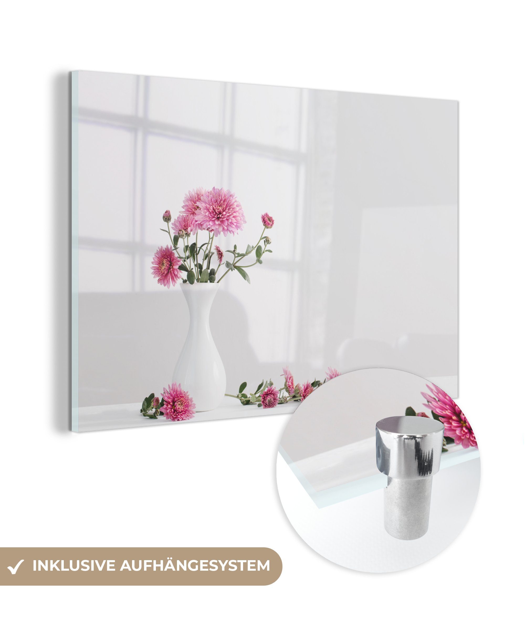 MuchoWow Acrylglasbild Chrysanthemen - Rosa - Stilleben, (1 St), Glasbilder - Bilder auf Glas Wandbild - Foto auf Glas - Wanddekoration