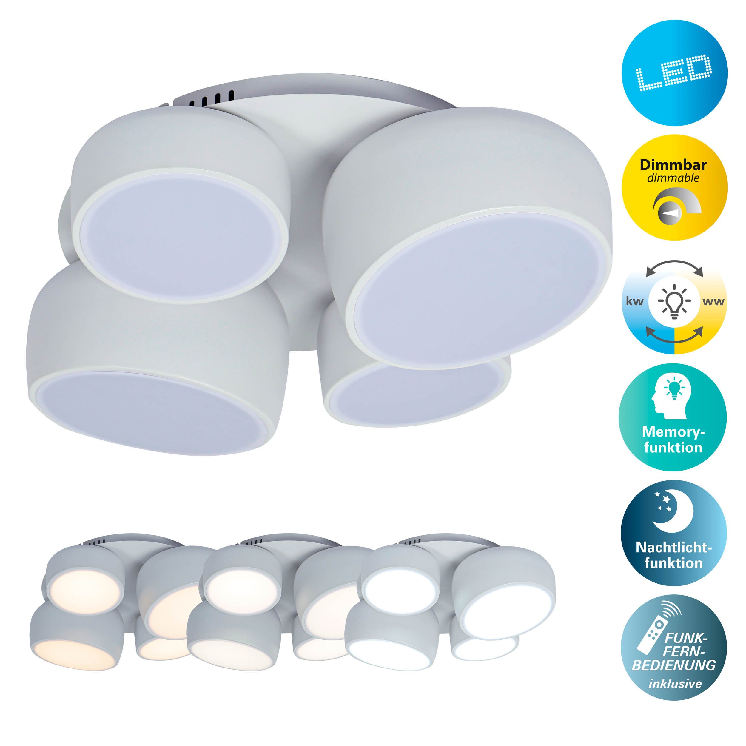 näve LED Deckenleuchte Eliora, CCT - über Fernbedienung, Memoryfunktion, Nachtlichtfunktion, mehrere Helligkeitsstufen, LED wechselbar, warmweiß - kaltweiß, LED, dimmbar, CCT, Memory, Nachtlicht, Funkfernbedienung, weiß
