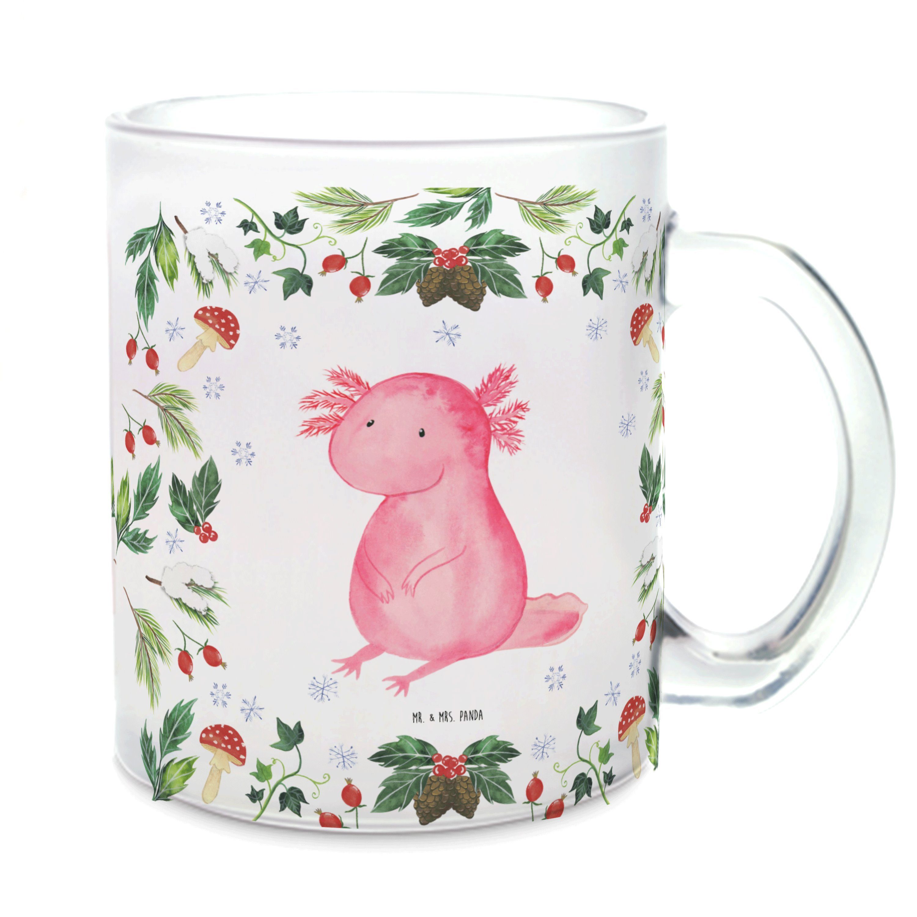 Mr. & Mrs. Panda Teeglas Axolotl Glücklich - Transparent - Geschenk, Advent, Teetasse aus Glas, Premium Glas, Liebevolle Gestaltung