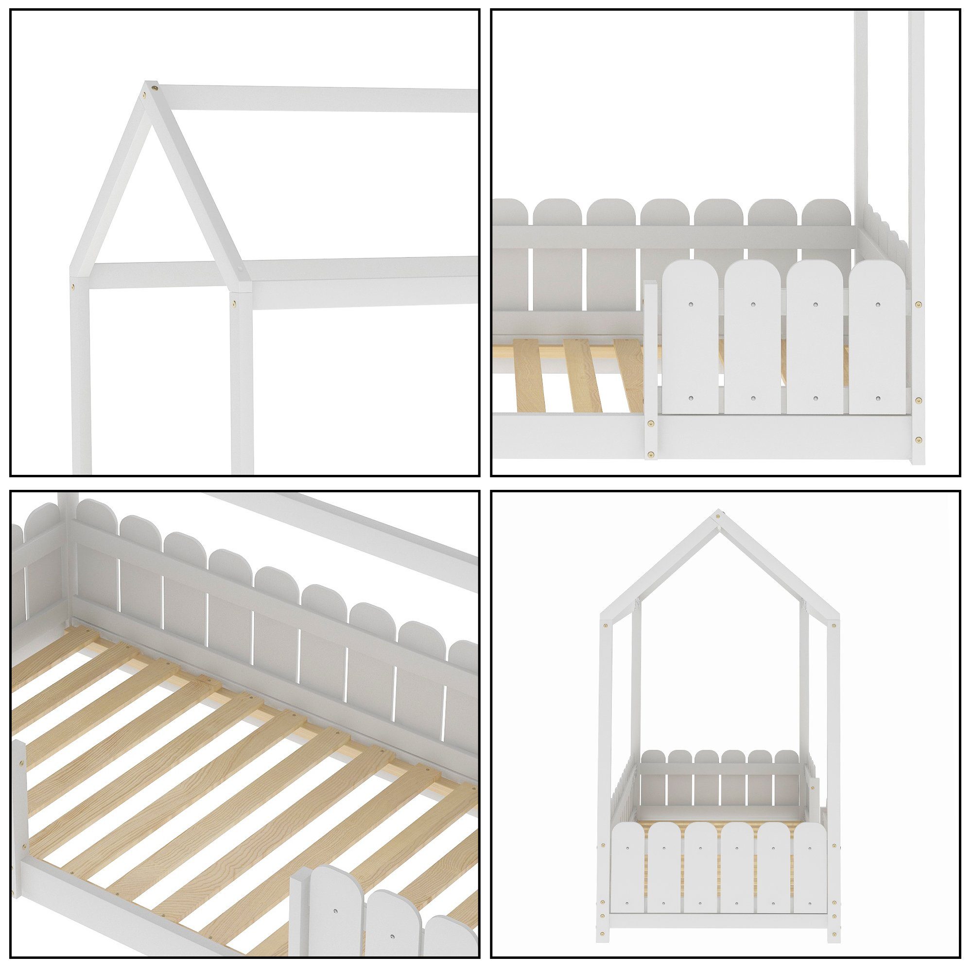 Weiß Lattenrost, 90x200cm, und mit Hausbett, Rausfallschutz Merax Kinderbett Holz