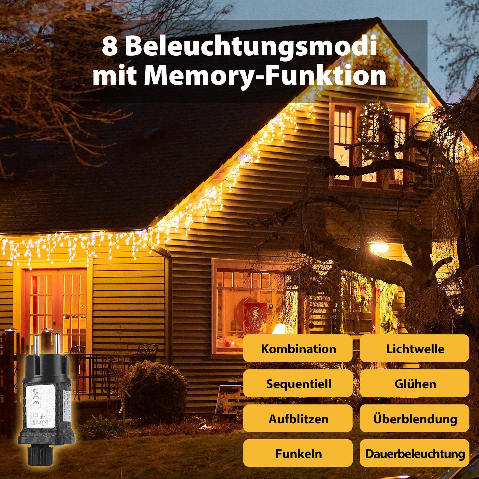 Salcar LED-Lichtervorhang LED Lichterkette Eisregen Lichtervorhang Weihnachtsdeko Aussen 8 Modi, 5m, 200er LED Lichtervorhang, Timer und Memory-Funktion, Warmweiß