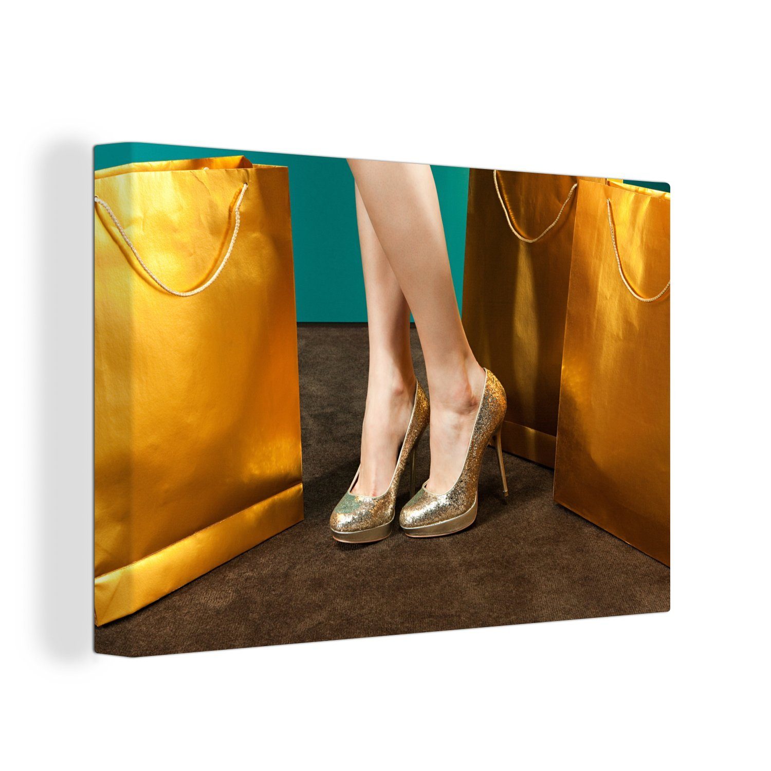 OneMillionCanvasses® Leinwandbild Frau trägt goldene hochhackige Schuhe, (1 St), Wandbild Leinwandbilder, Aufhängefertig, Wanddeko, 30x20 cm