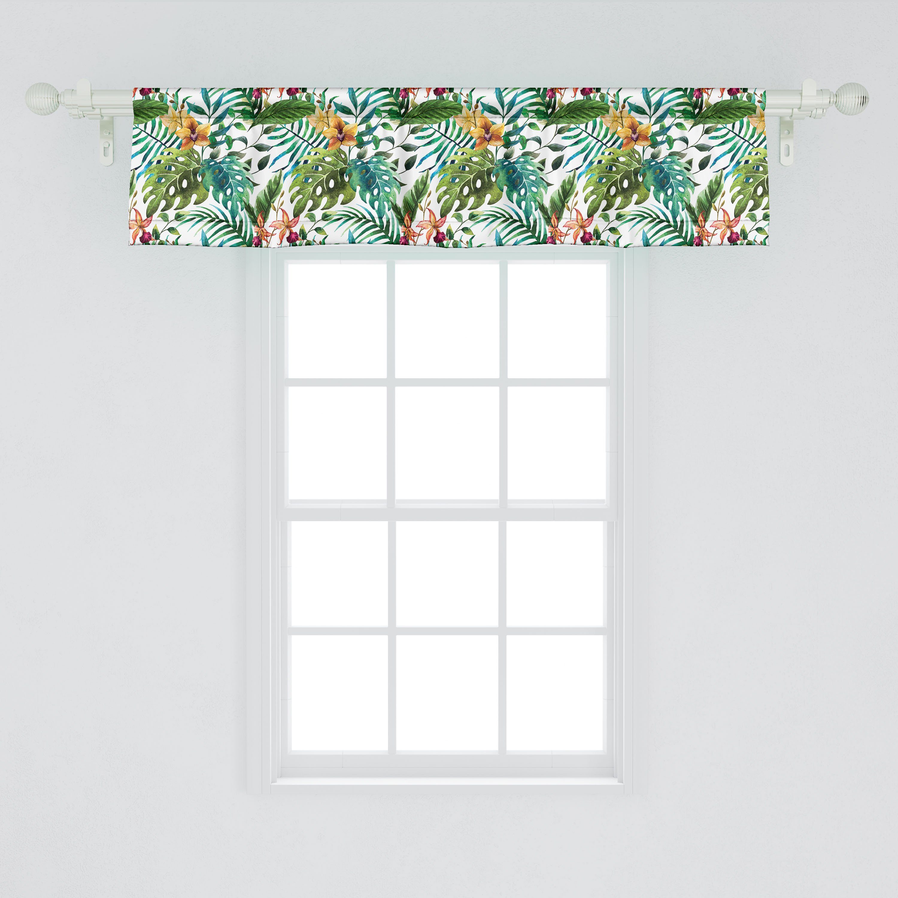 Scheibengardine Vorhang Volant für mit Palme Blumen Dekor Hibiscus Blatt Microfaser, Abakuhaus, Stangentasche, Küche Schlafzimmer