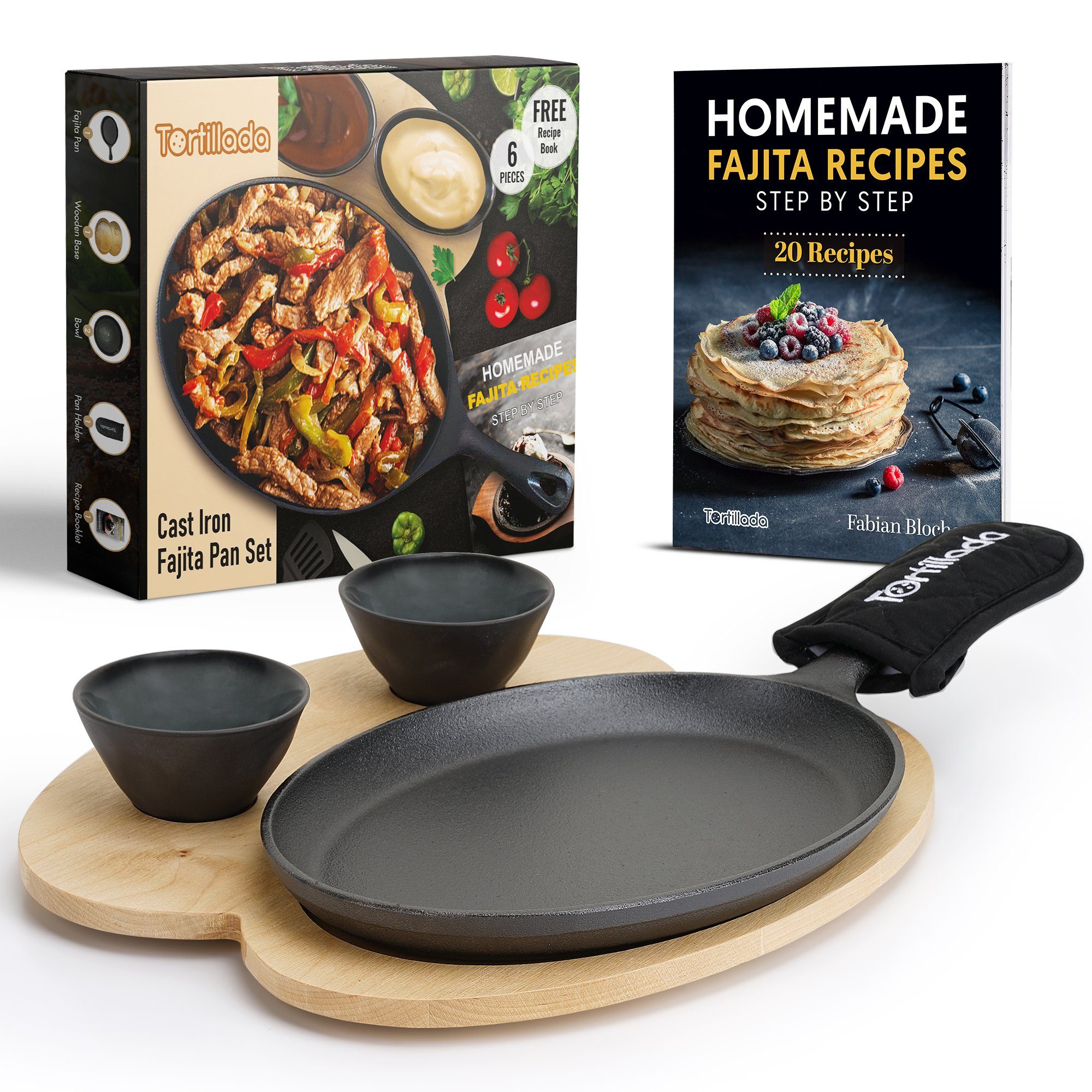 Tortillada Servierpfanne Fajita 25 cm mit Holzbrett und Dipschalen, Gusseisen (Set, Pfanne, Holzbrett, 2 Dipschalen, Kochbuch), Fajita, Induktion, Holzbrett