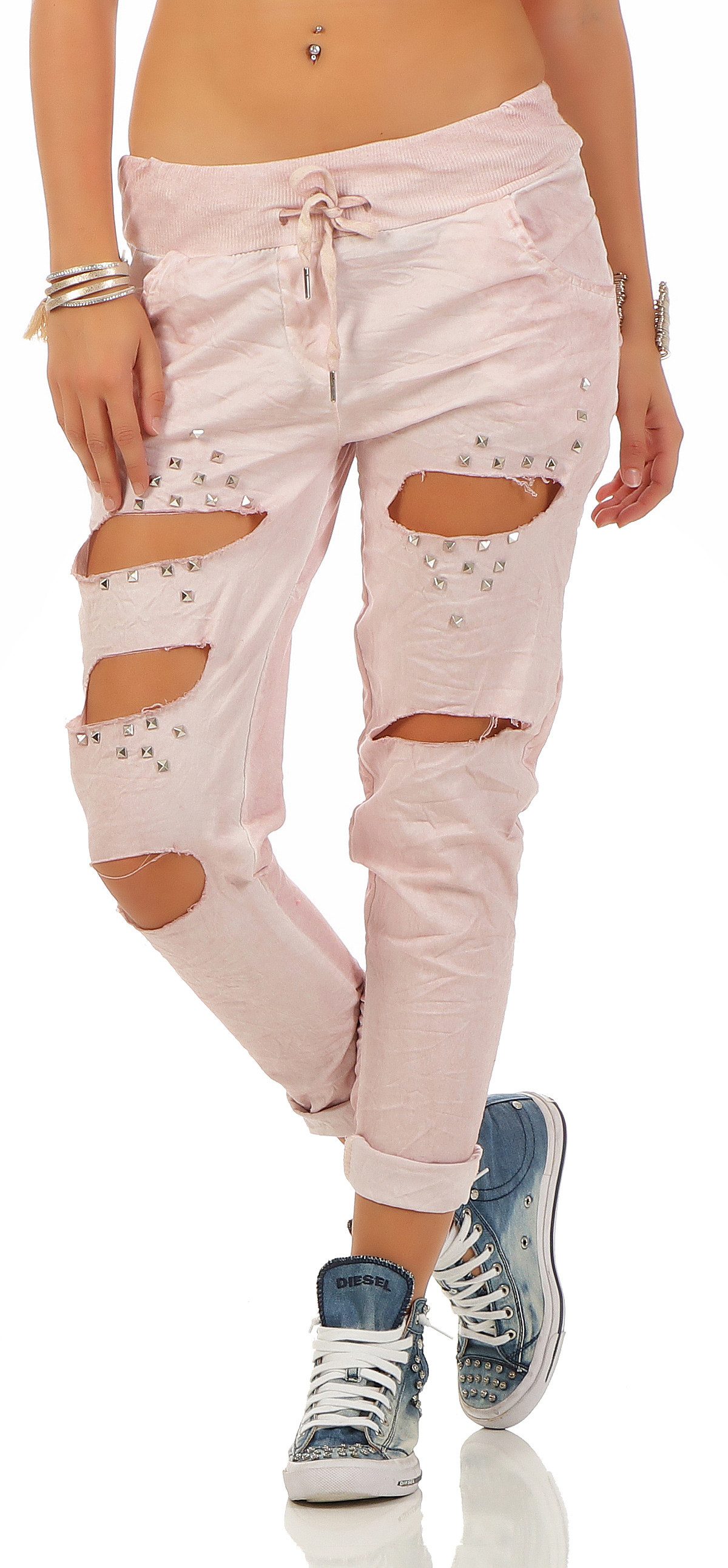 Mississhop Chinohose Trendige Jogger-Hose mit Print & Patches – Bequem