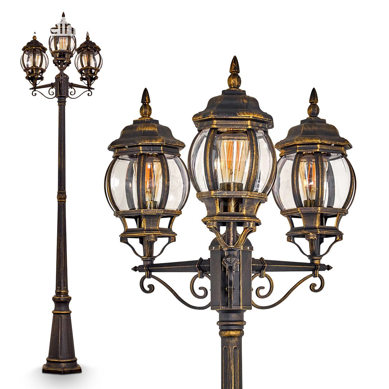 hofstein Außen-Stehlampe »Meyen« Kandelaber Außenstehleuchte in antikem Look, ohne Leuchtmittel, Metall in Braun/Gold mit Kunststoff-Scheiben, 215cm,Vintage, E27, IP44