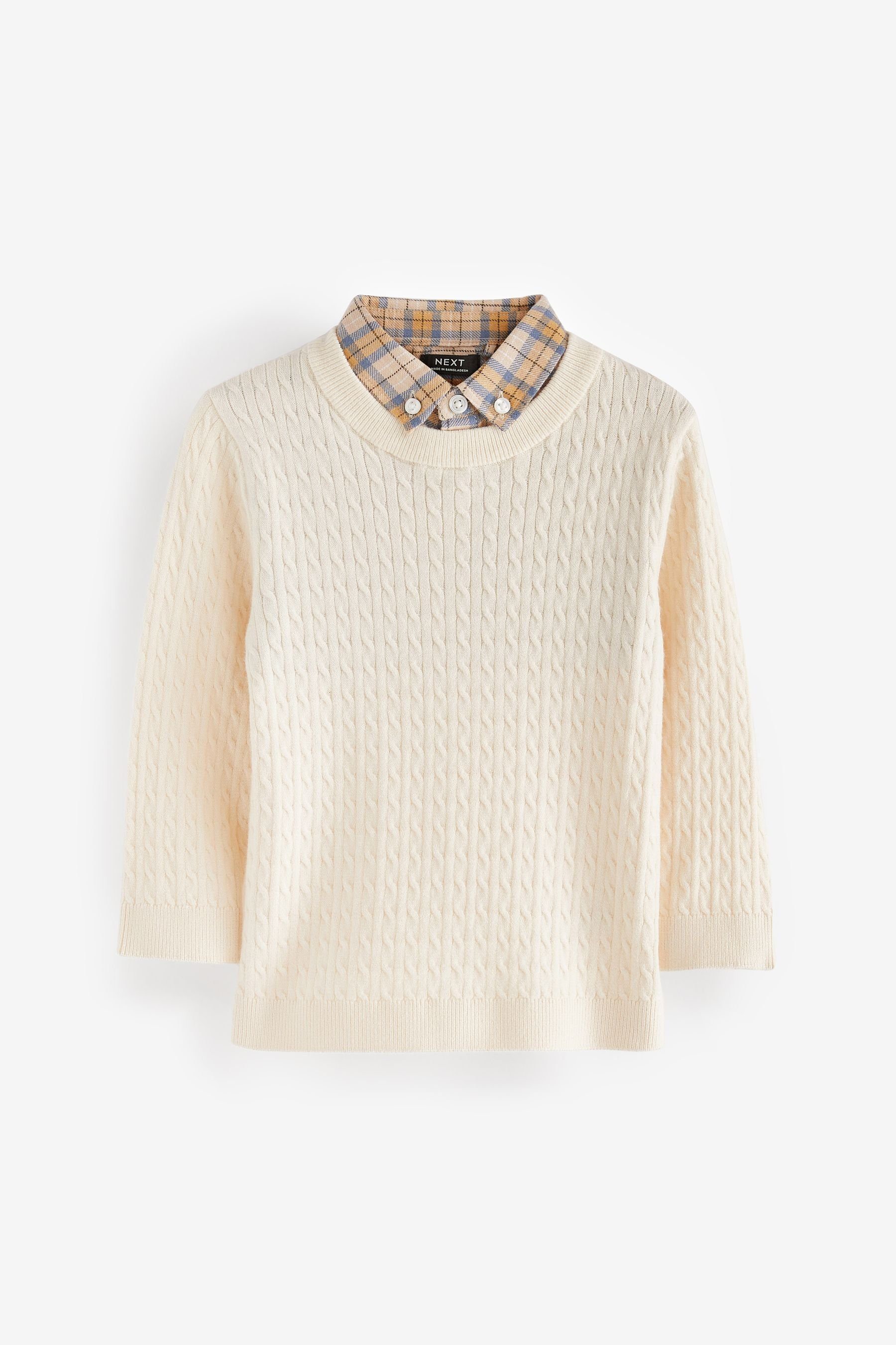 Next 2-in-1-Pullover Pullover mit Zopfmuster und Hemdeinsatz (1-tlg) Ecru