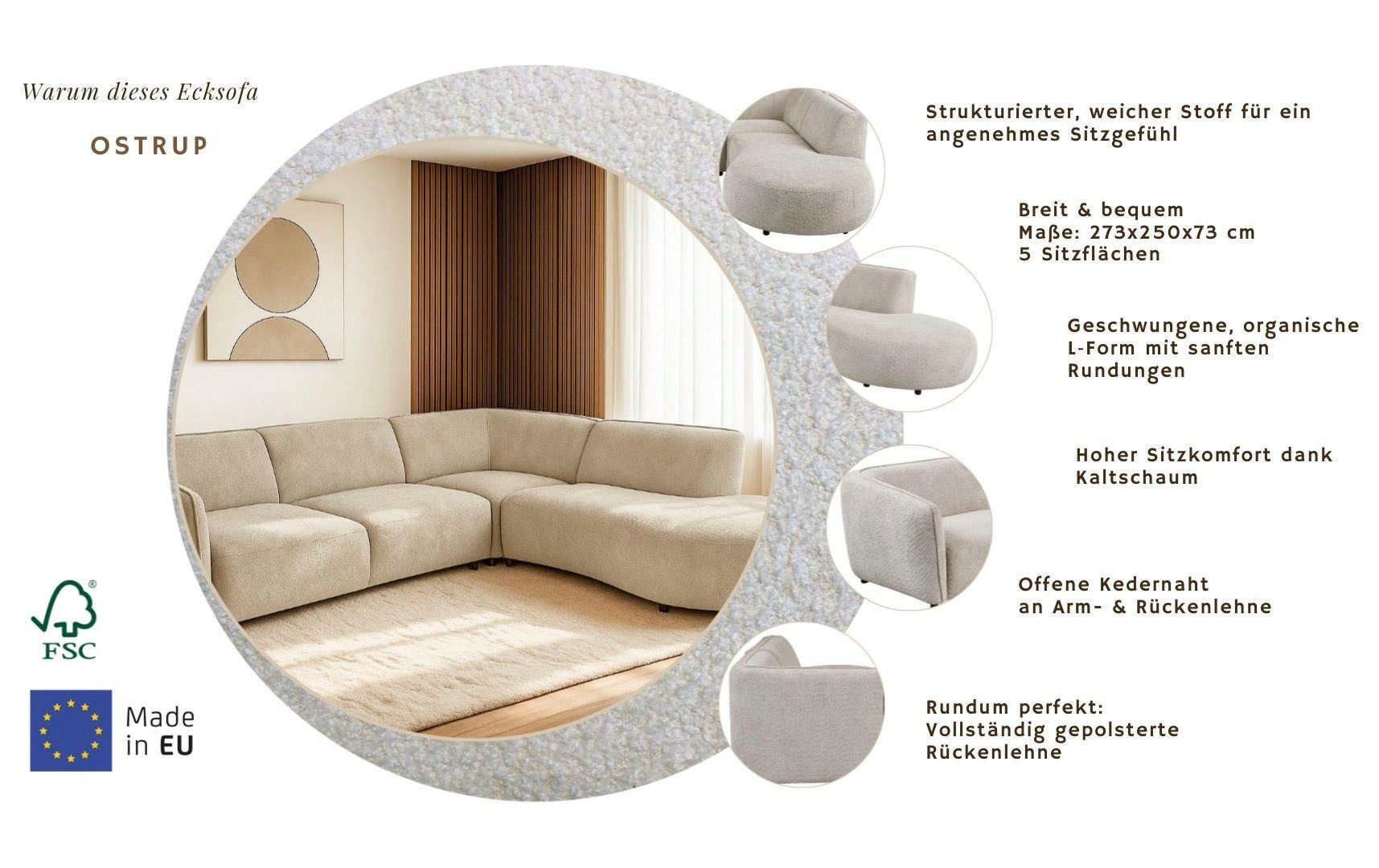 Home affaire Ecksofa OSTRUP Rundsofa, L-Form, Naturtöne, Boucle oder Chenille, Breite 273 cm, organische Form mit sanften Rundungen