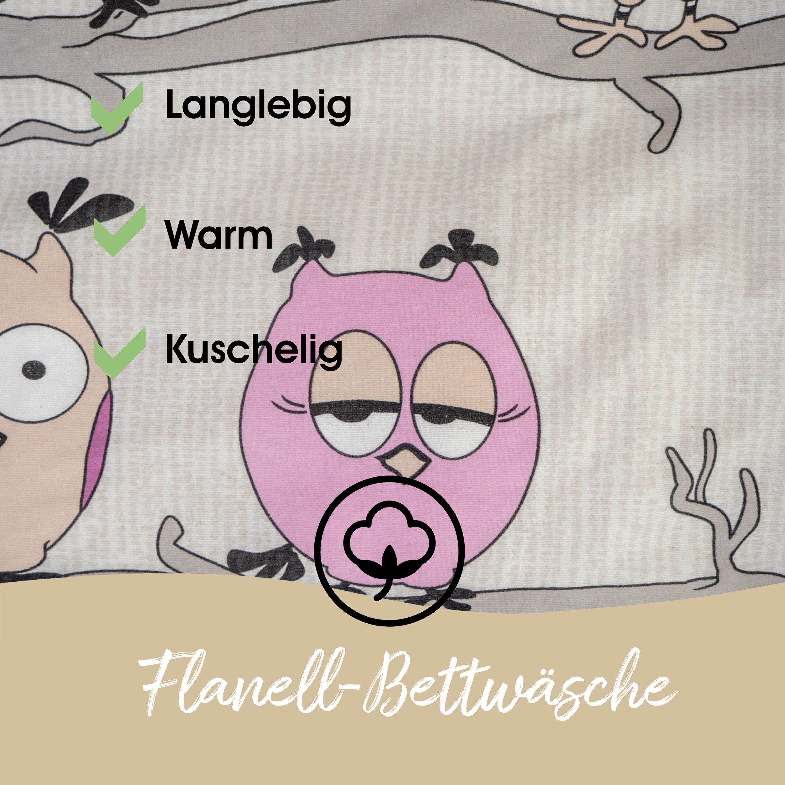 DOBNIG Bettwäsche Flanell, Flanell, 2 teilig, lustige Eulen, sandfarben