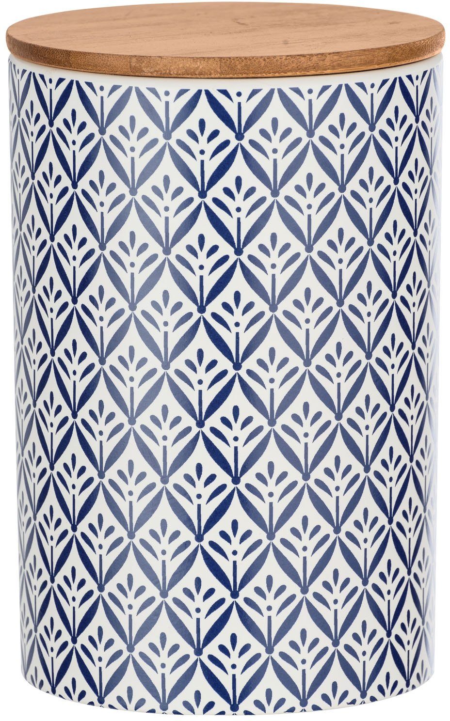 WENKO Vorratsdose Lorca, Bambus, Keramik, in mediterranen l, im Blau-Weiß Ornamenten-Muster (1-tlg), 1,45