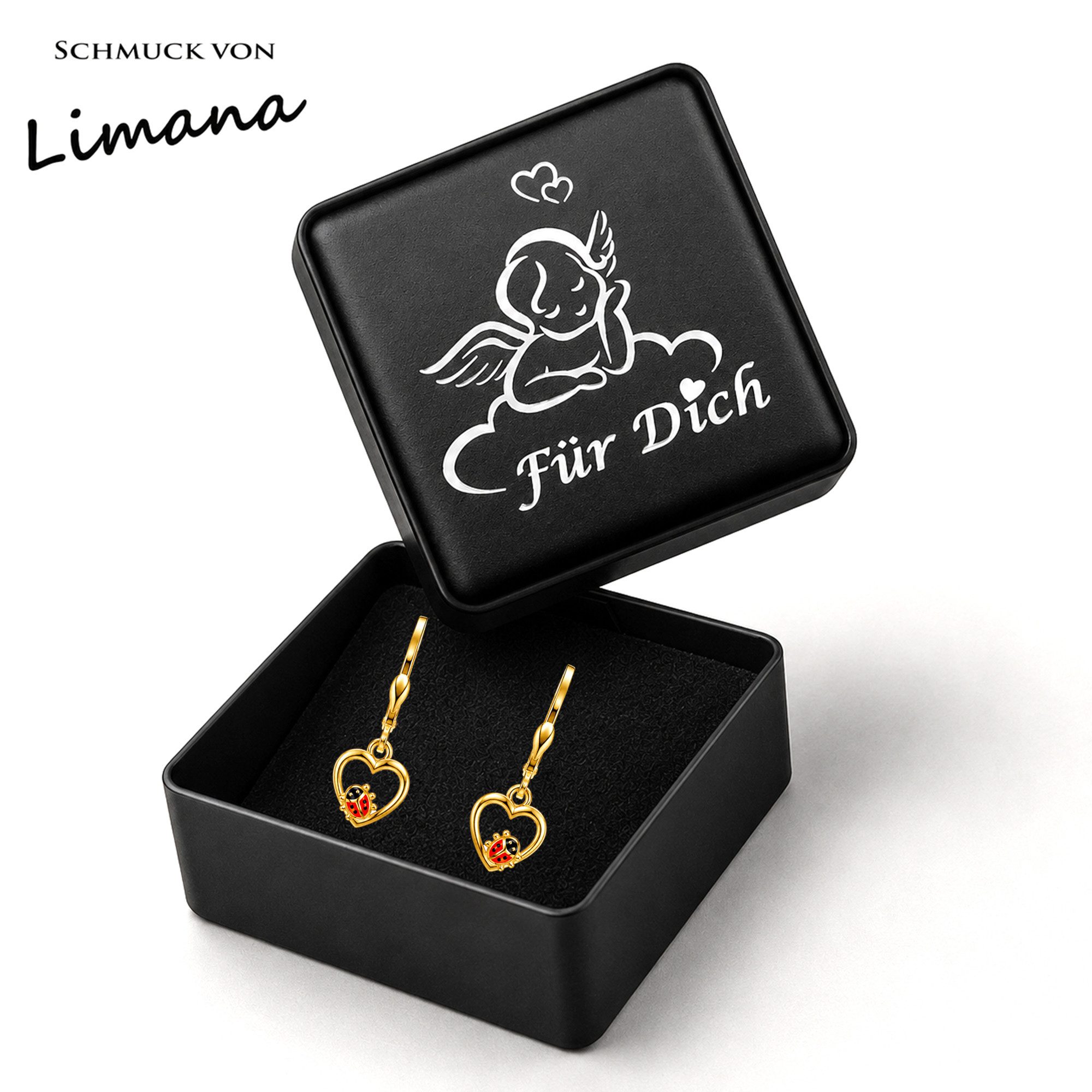 Limana Paar Creolen goldene Marienkäfer Mädchen Ohrringe Kinder Herz 925 Silber vergoldet (inkl. Dose Silberschmuck Echtschmuck Schmuck Geschenk für Geburtstag) – Bild 5 von 5