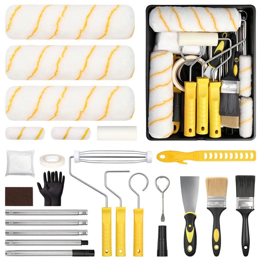 PRIISF Malerset Farbroller Set Farbwanne Pinsel Teleskopstange Steckbügel Streichset, (25tlg Renovierungs Set Lackierset Teleskopstande Malerrolle Wandmalset, 25-tlg., Umfangreiche Werkzeuge & Hilfsmittel zum Renovieren & Streichen), Rollenset Mini-Roller